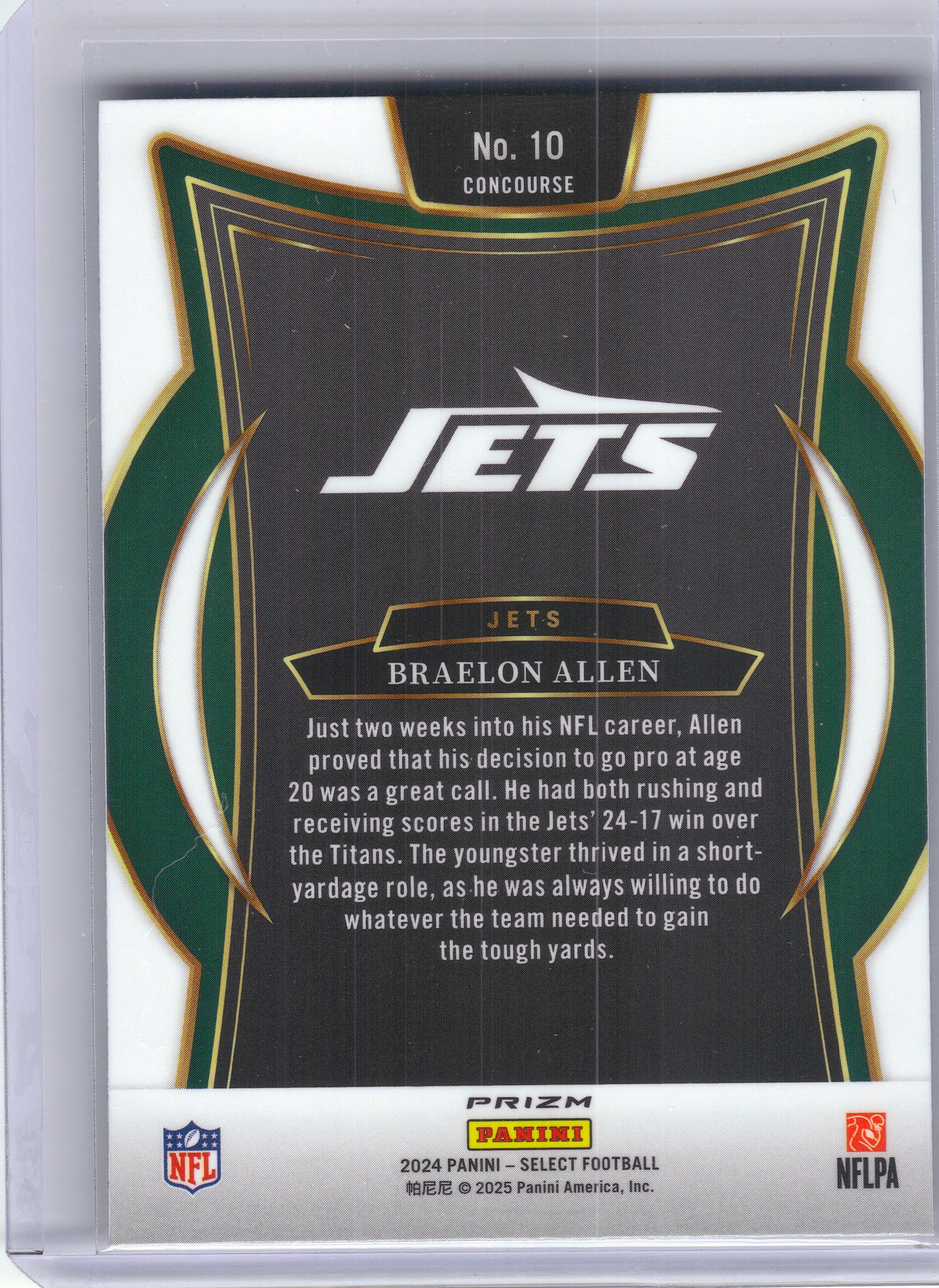 2024 Panini Select #10 Braelon Allen Green & Red Prizm Shock New York Jets RC