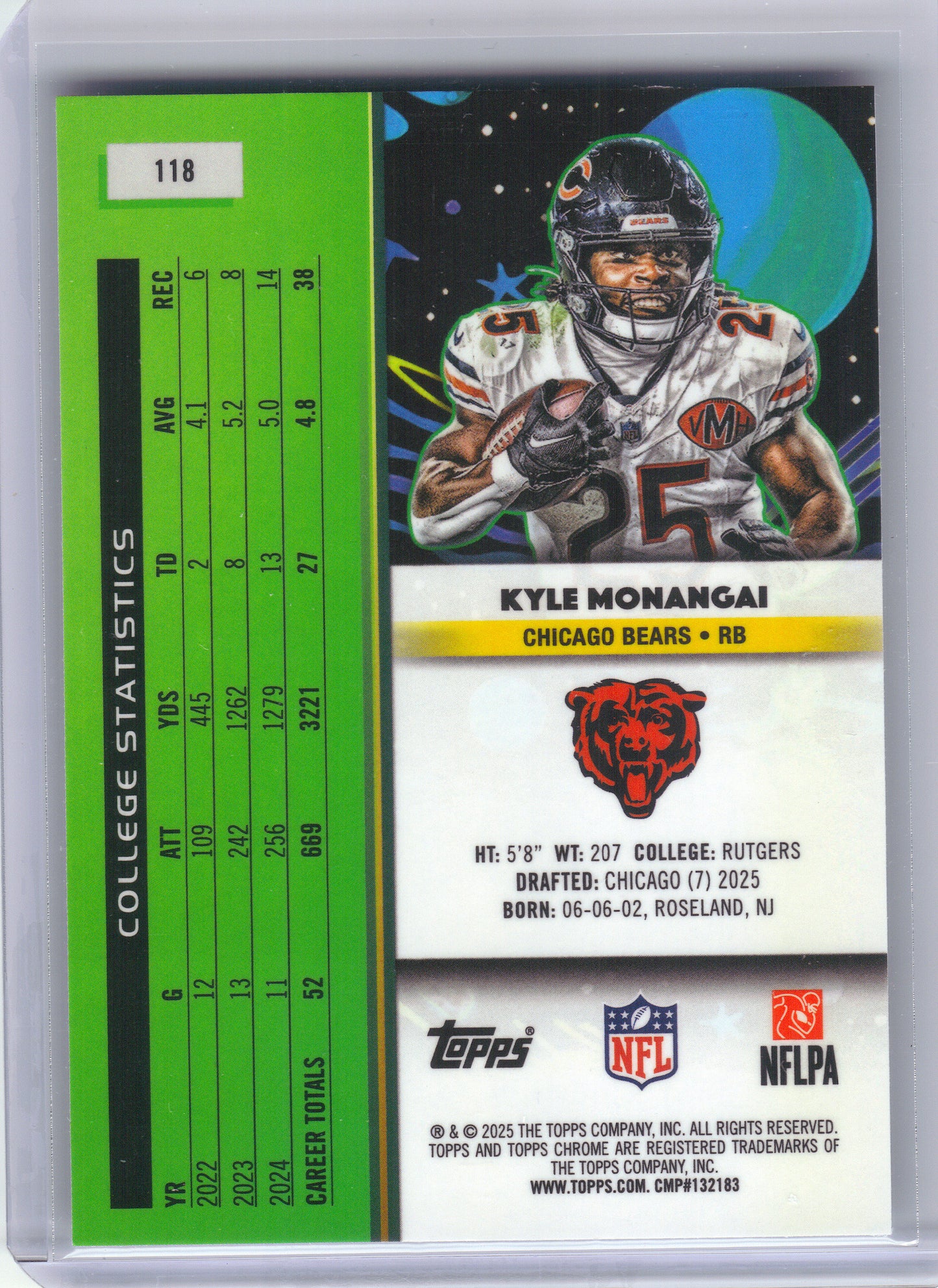2025 Topps Chrome Cosmic #118 Kyle Monangai Chicago Bears RC