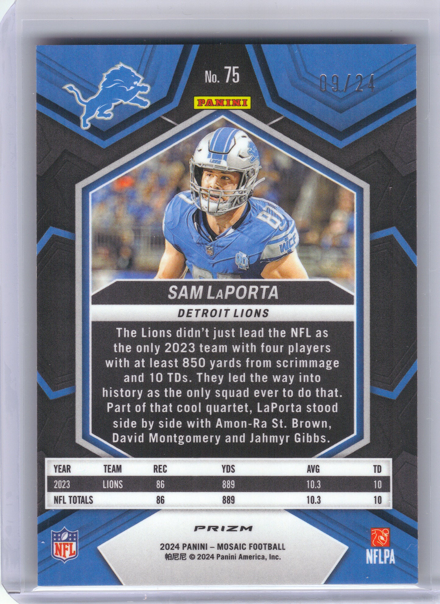 2024 Panini Mosaic #75 Sam LaPorta Gold Sparkle #/24 Detroit Lions SN