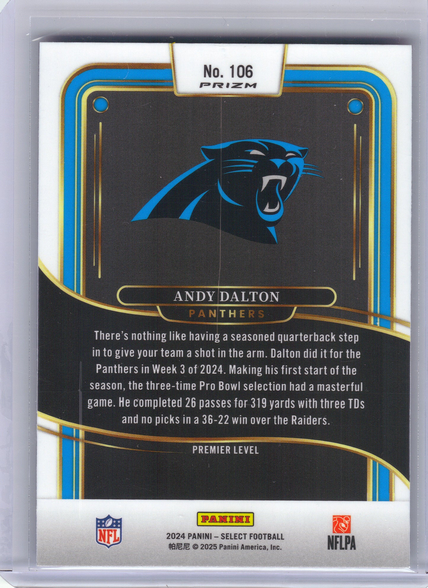 2024 Panini Select #106 Andy Dalton Red & Blue Prizm Shock Carolina Panthers