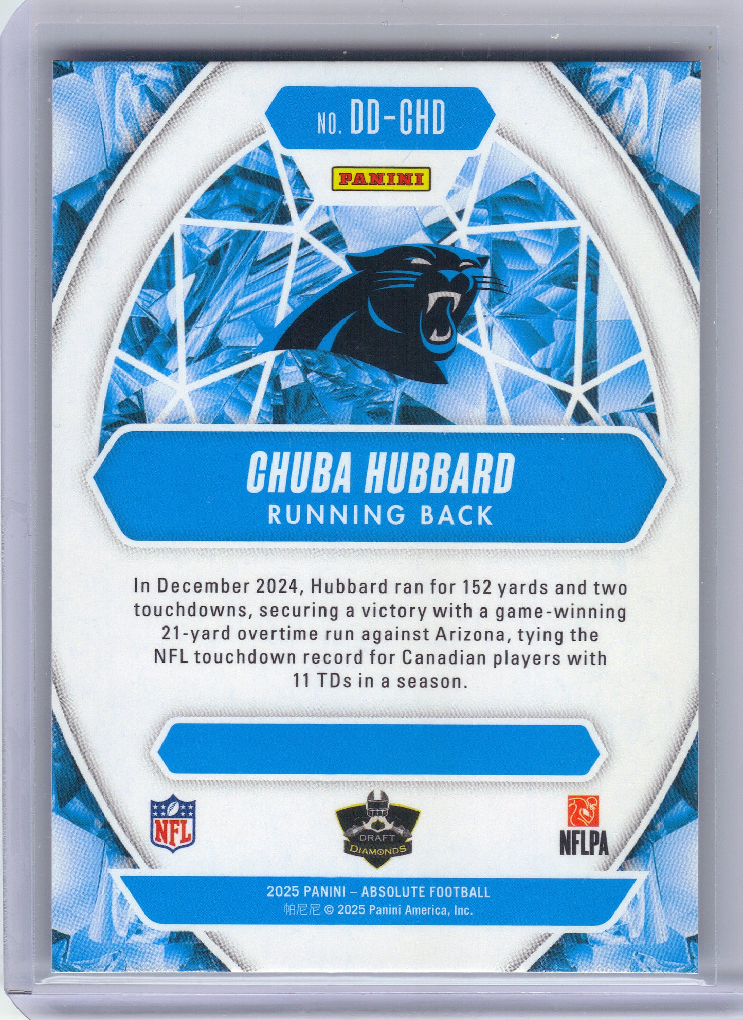 2025 Panini Absolute #DD-CHD Chuba Hubbard Draft Diamonds Carolina Panthers