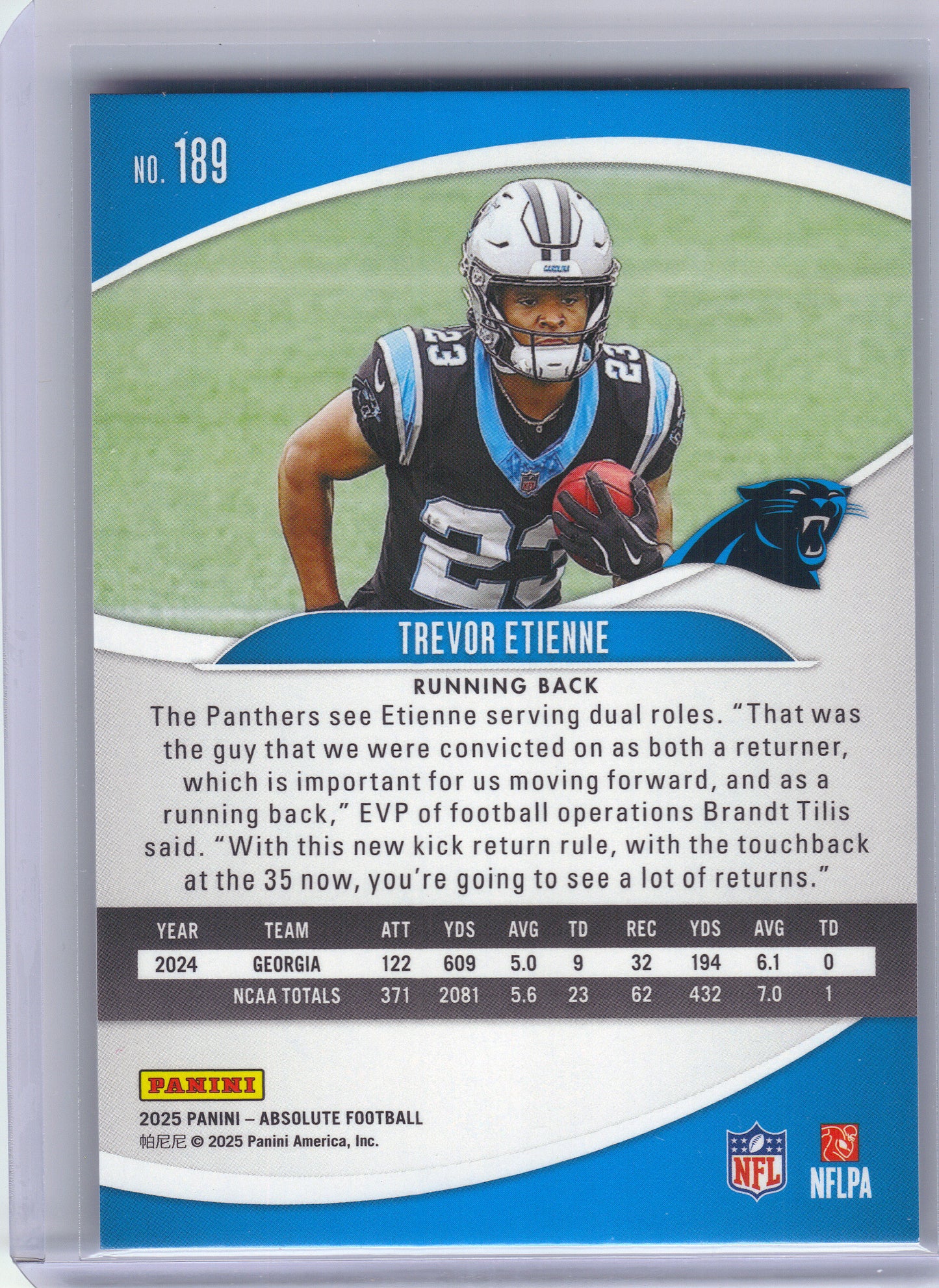 2025 Panini Absolute #189 Trevor Etienne Purple Carolina Panthers RC