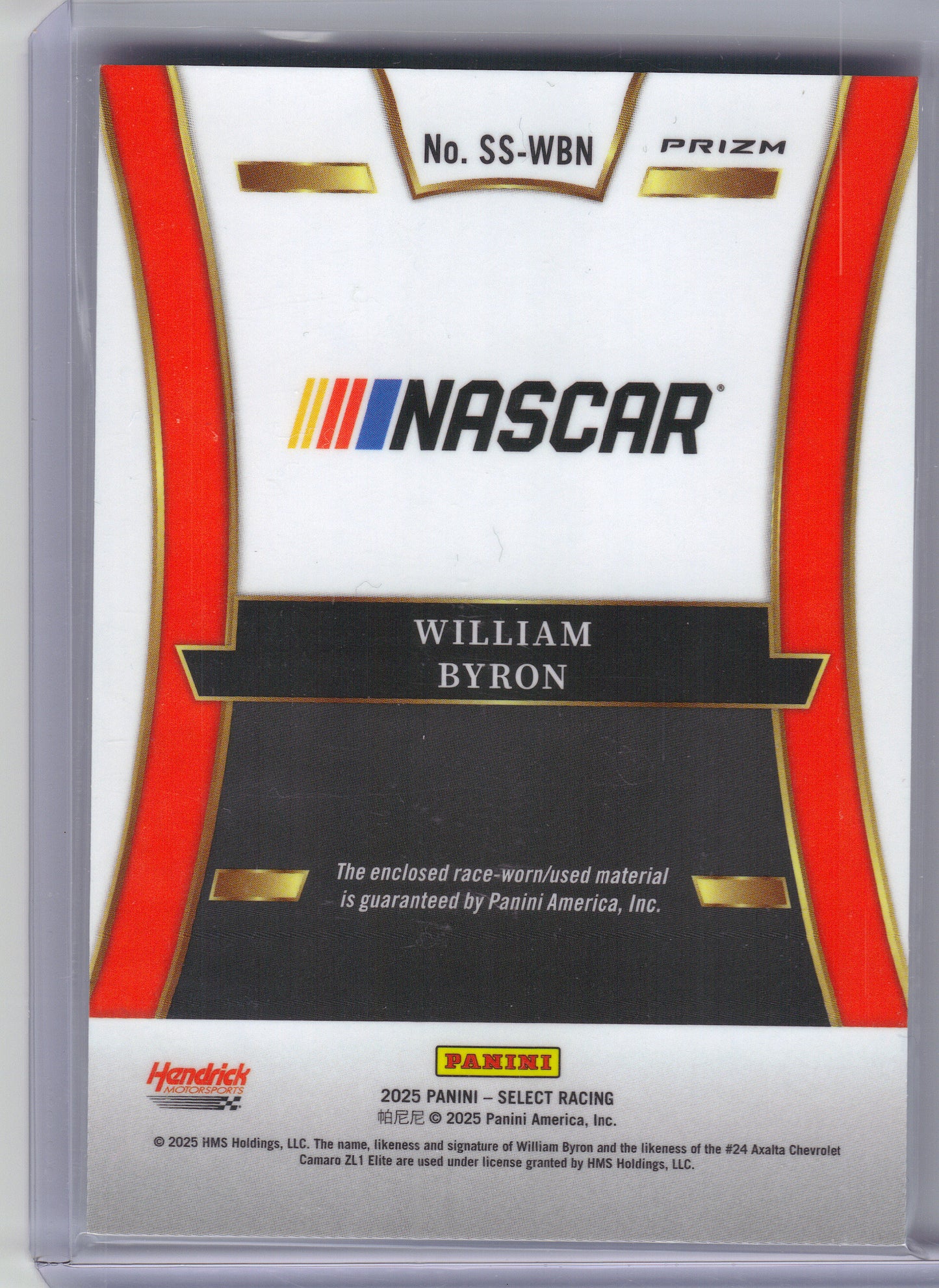 2025 Panini Select #SS-WBN William Byron Selective Swatches Red Prizms #/49 Hendrick Motorsports SN, MEM