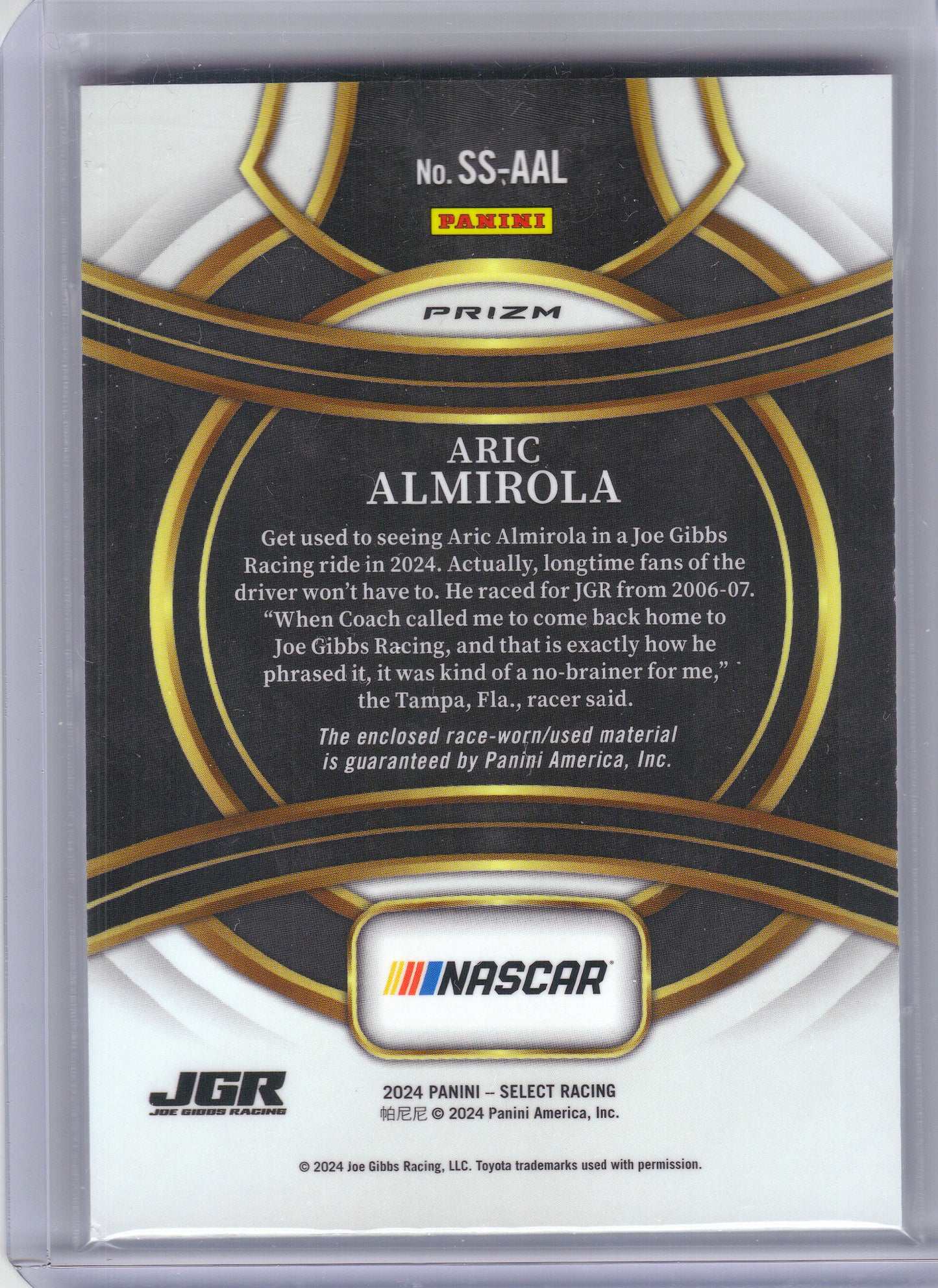 2024 Panini Select #SS-AAL Aric Almirola Selective Swatches Joe Gibbs Racing MEM