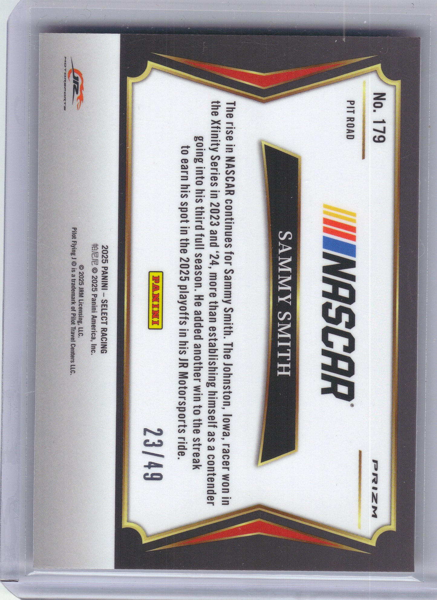 2025 Panini Select #179 Sammy Smith Orange Prizms #/49 JR Motorsports SN
