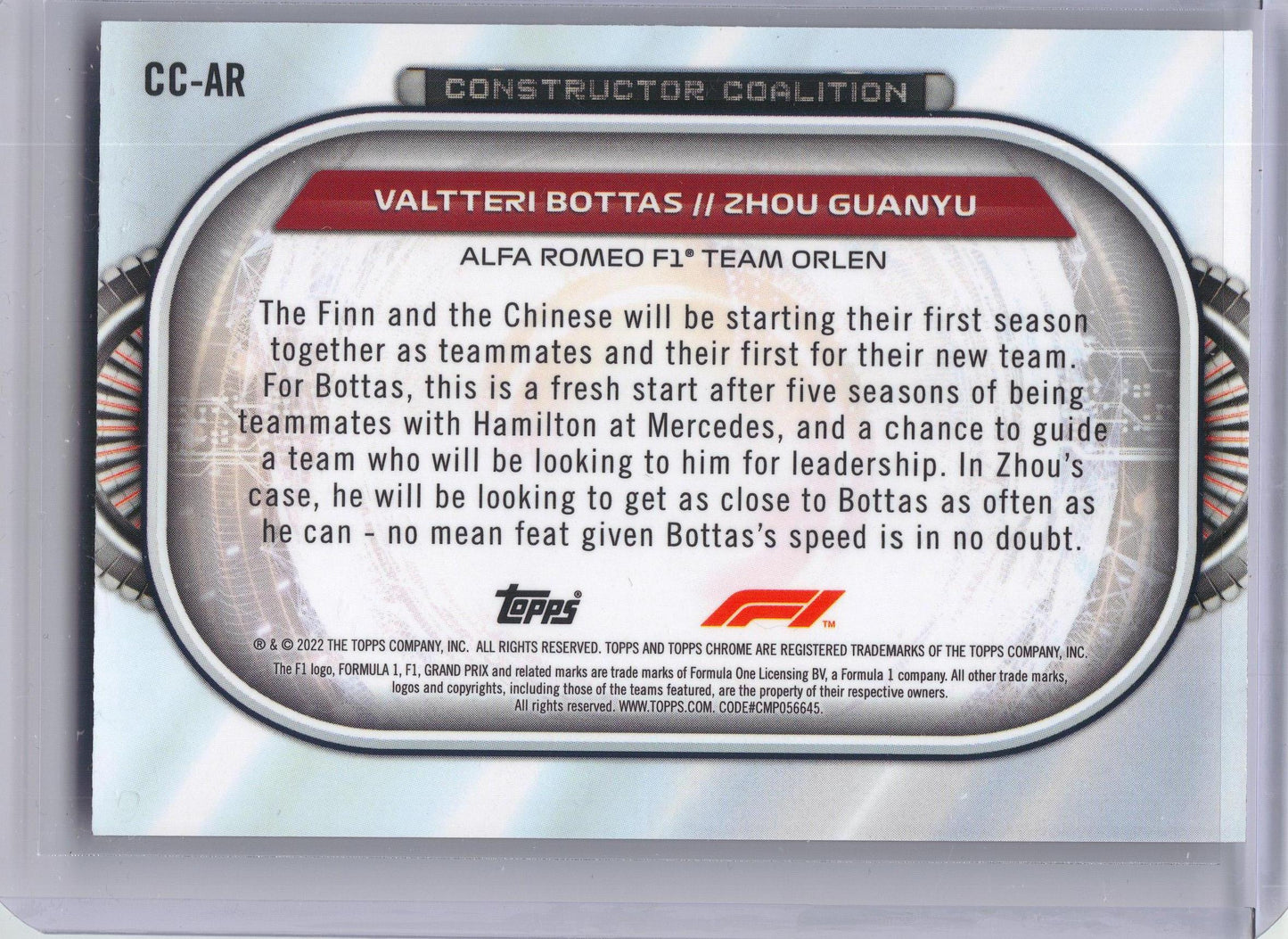2022 Topps Chrome Formula 1 #CC-AR Valtteri Bottas / Zhou Guanyu Constructors Coalition Alfa Romeo F1 Team Orlen