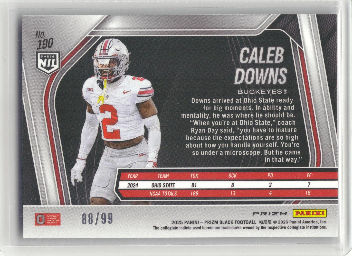 2025 Panini Prizm Black #190 Caleb Downs Prizms Purple #/99 Ohio State Buckeyes SN