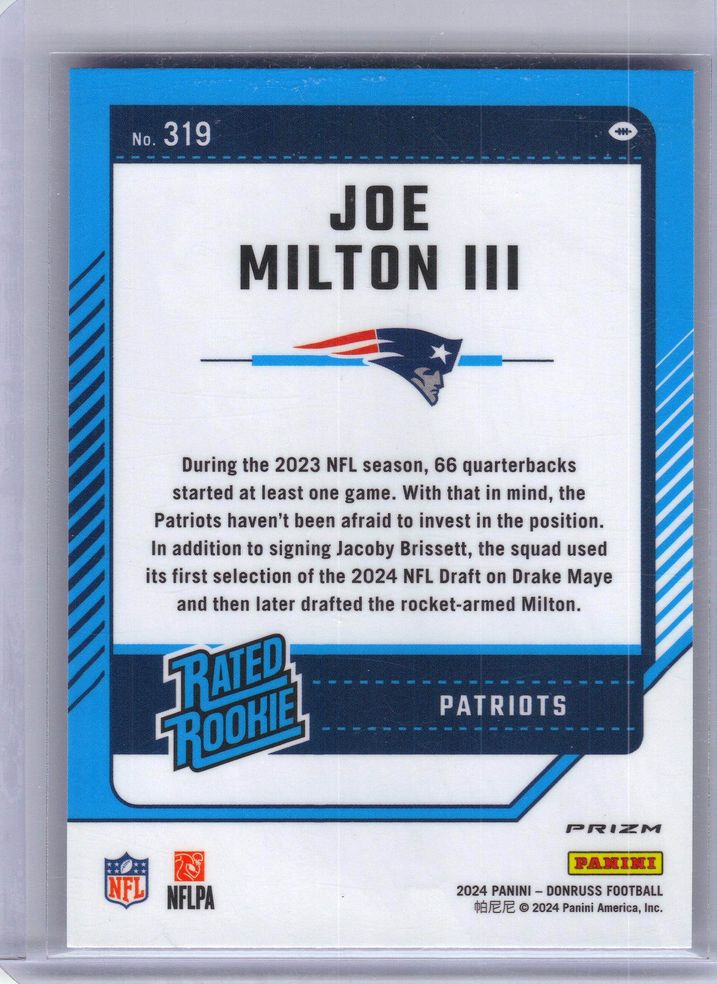 2024 Donruss #319 Joe Milton III Optic Rated Rookies Preview Pink New England Patriots RC