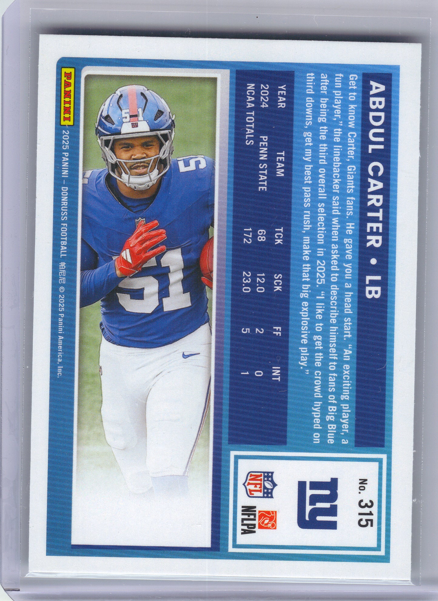 2025 Donruss #315 Abdul Carter Press Proofs Green New York Giants RC