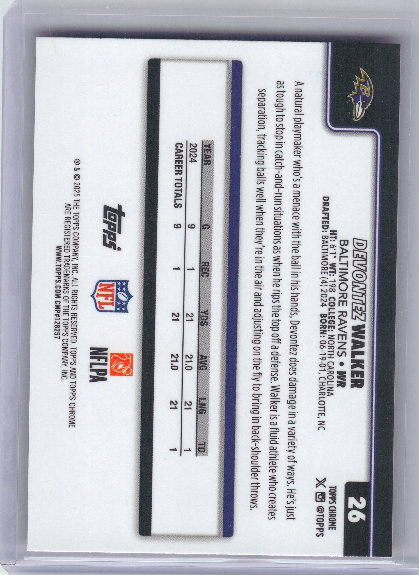 2025 Topps Chrome #26 Devontez Walker Hot Pink X-Fractor Baltimore Ravens