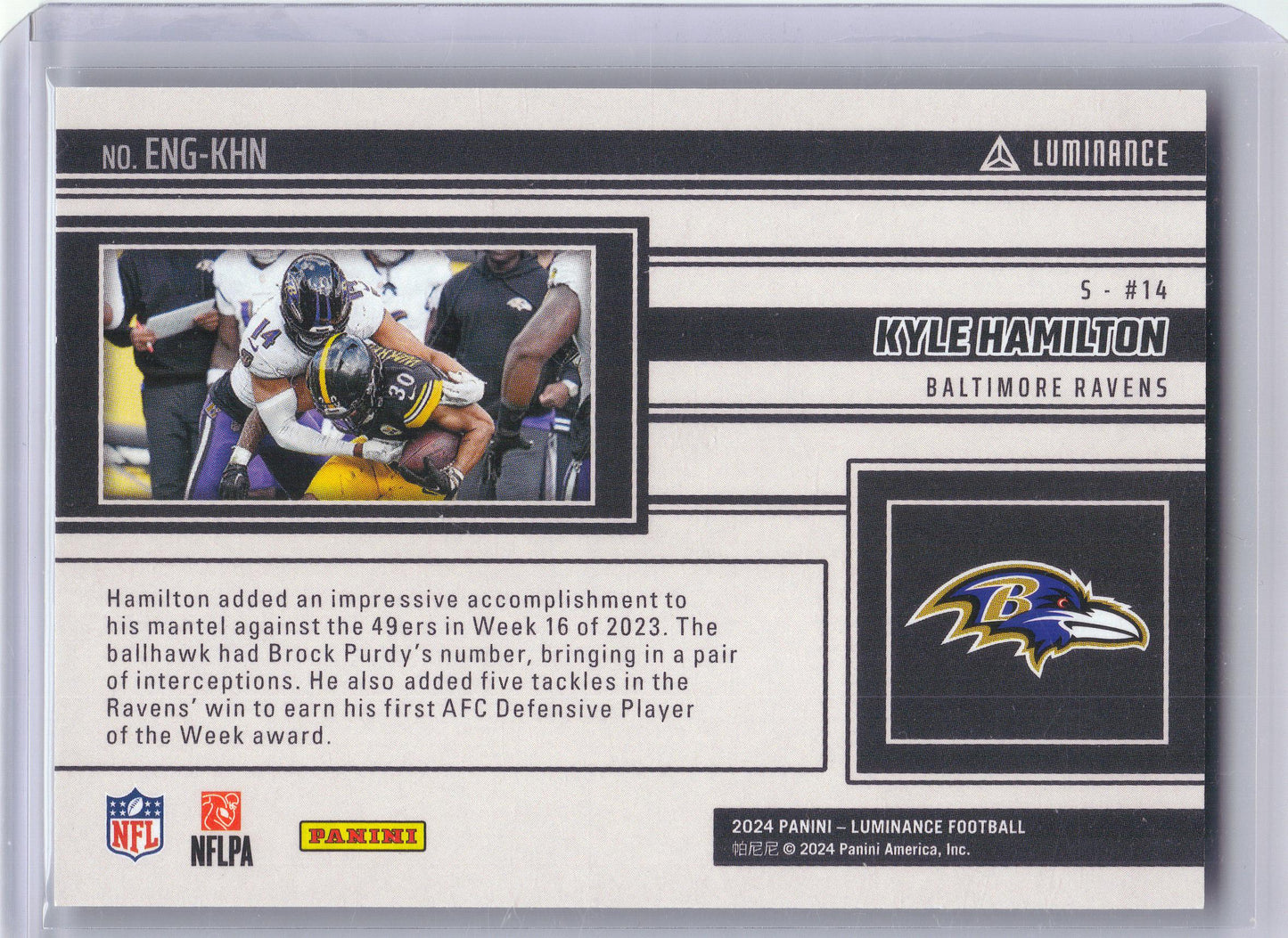 2024 Panini Luminance #ENG-KHN Kyle Hamilton Engaged Orange #/100 Baltimore Ravens SN
