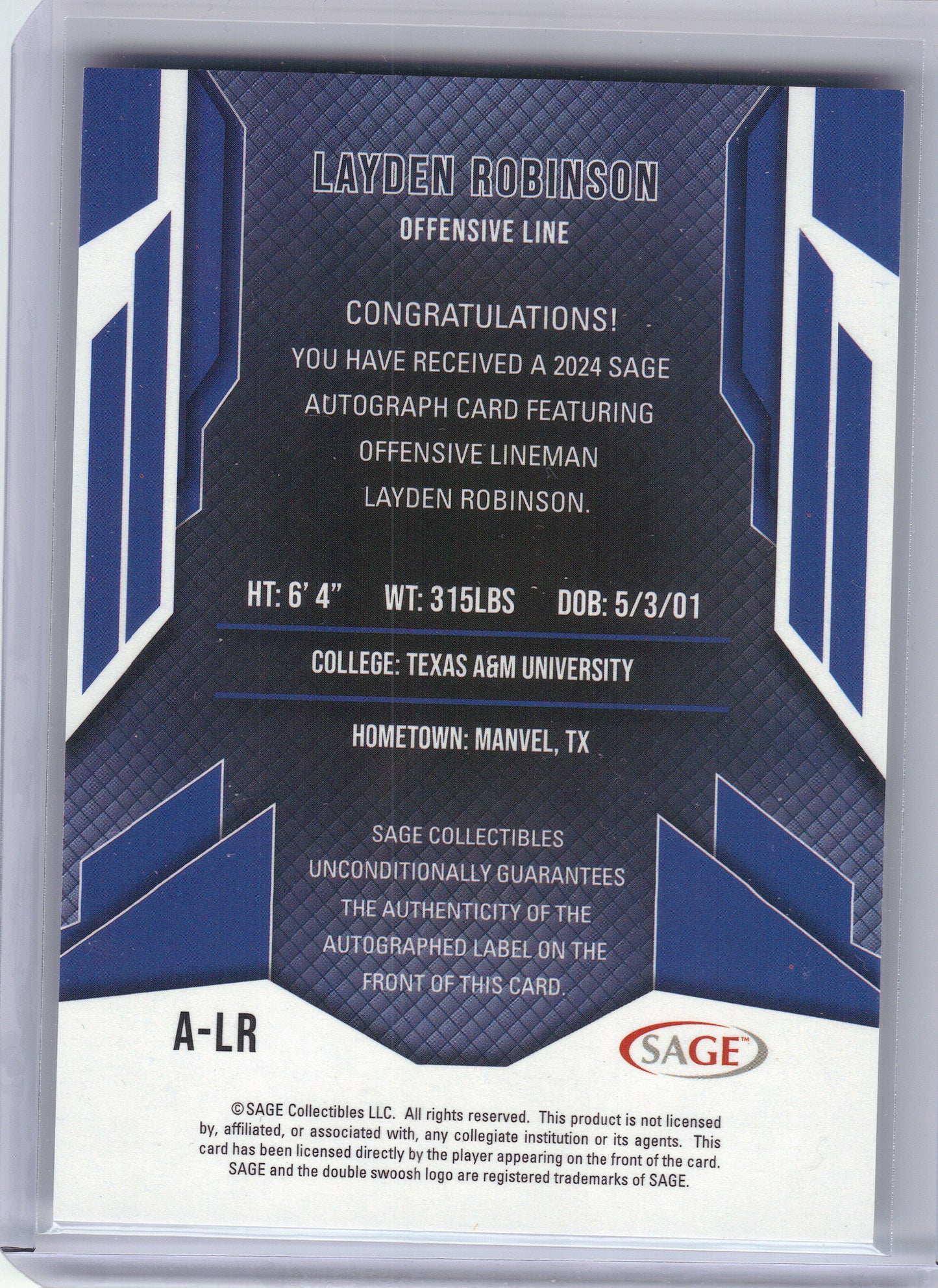 2024 SAGE HIT #A-LR Layden Robinson Autographs Silver (Low Series) Texas A&M Aggies AU