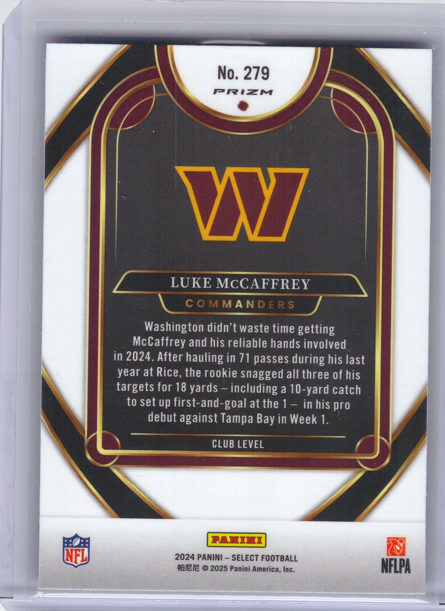 2024 Panini Select #279 Luke McCaffrey Red & Yellow Prizm Shock Washington Commanders RC