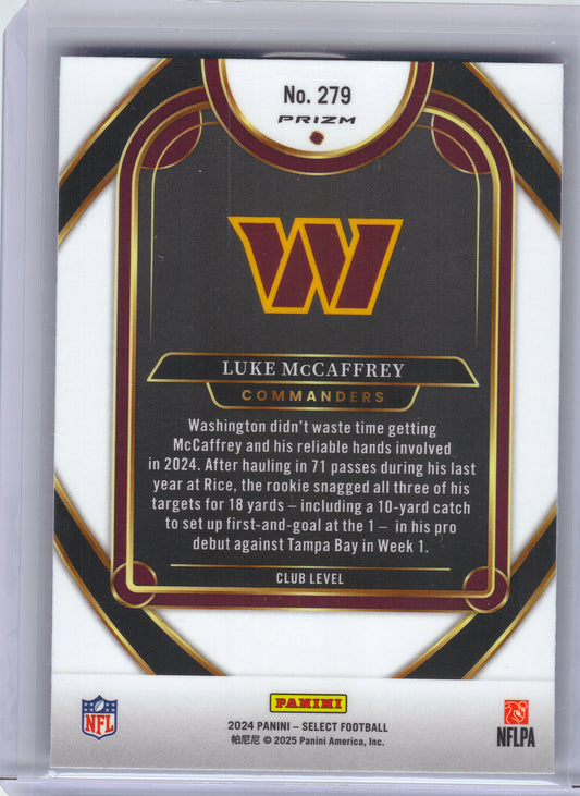 2024 Panini Select #279 Luke McCaffrey Red & Yellow Prizm Shock Washington Commanders RC
