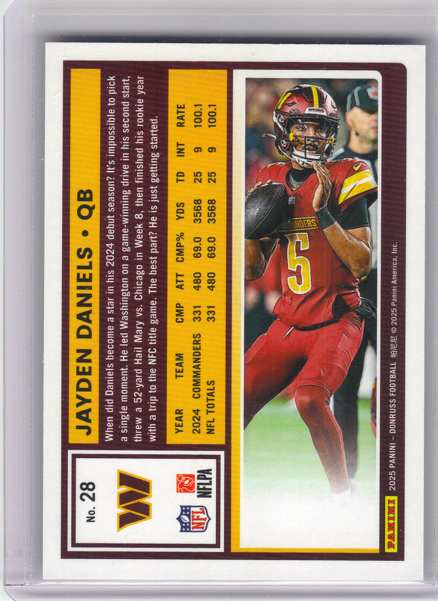 2025 Donruss #28 Jayden Daniels Press Proofs Silver #/199 Washington Commanders SN