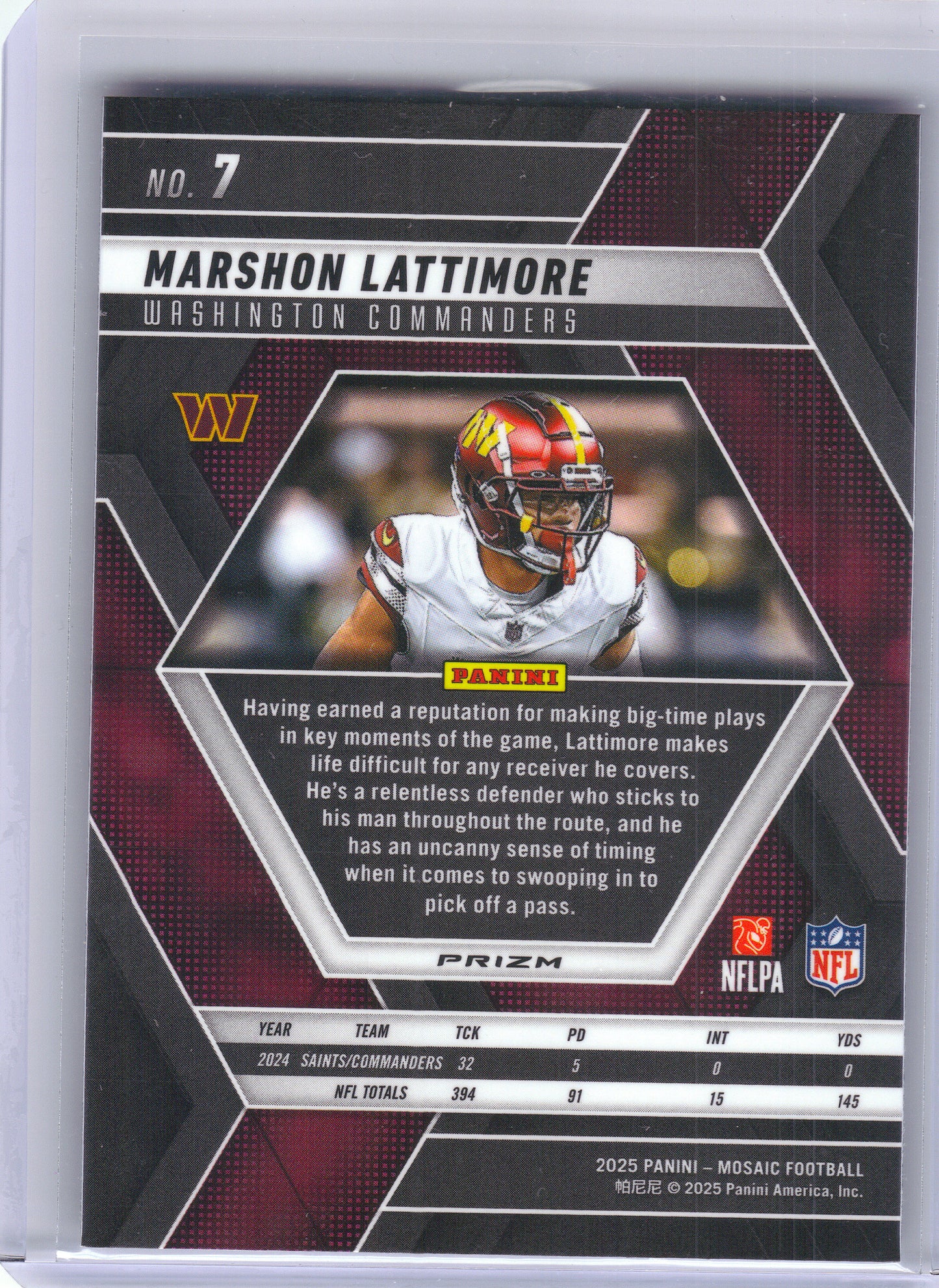 2025 Panini Mosaic #7 Marshon Lattimore Silver Washington Commanders