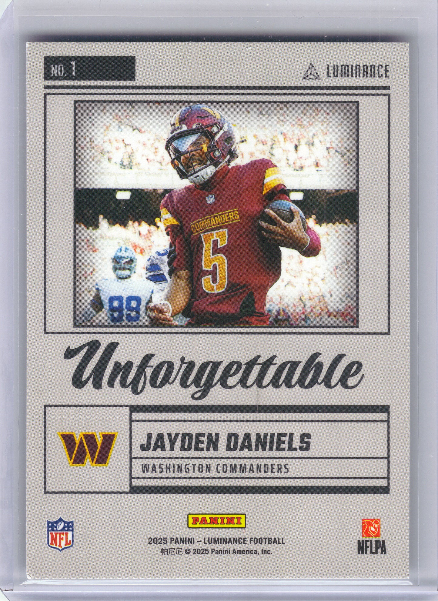 2025 Panini Luminance #1 Jayden Daniels Unforgettable Washington Commanders
