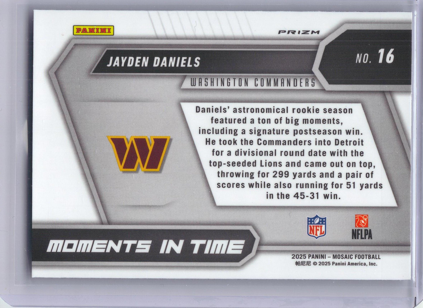 2025 Panini Mosaic #16 Jayden Daniels Moments In Time No Huddle Silver Washington Commanders