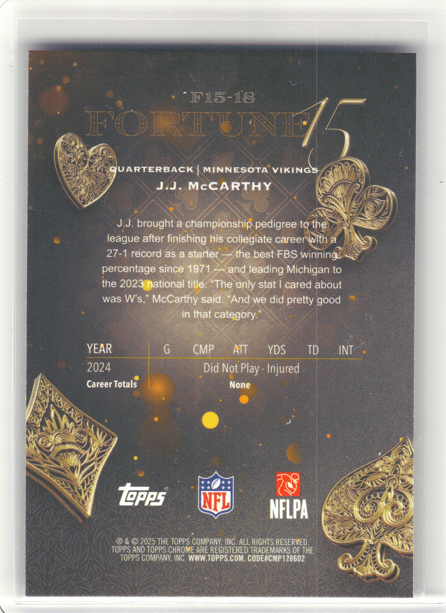 2025 Topps Chrome #F15-18 J.J. McCarthy Fortune 15 Minnesota Vikings