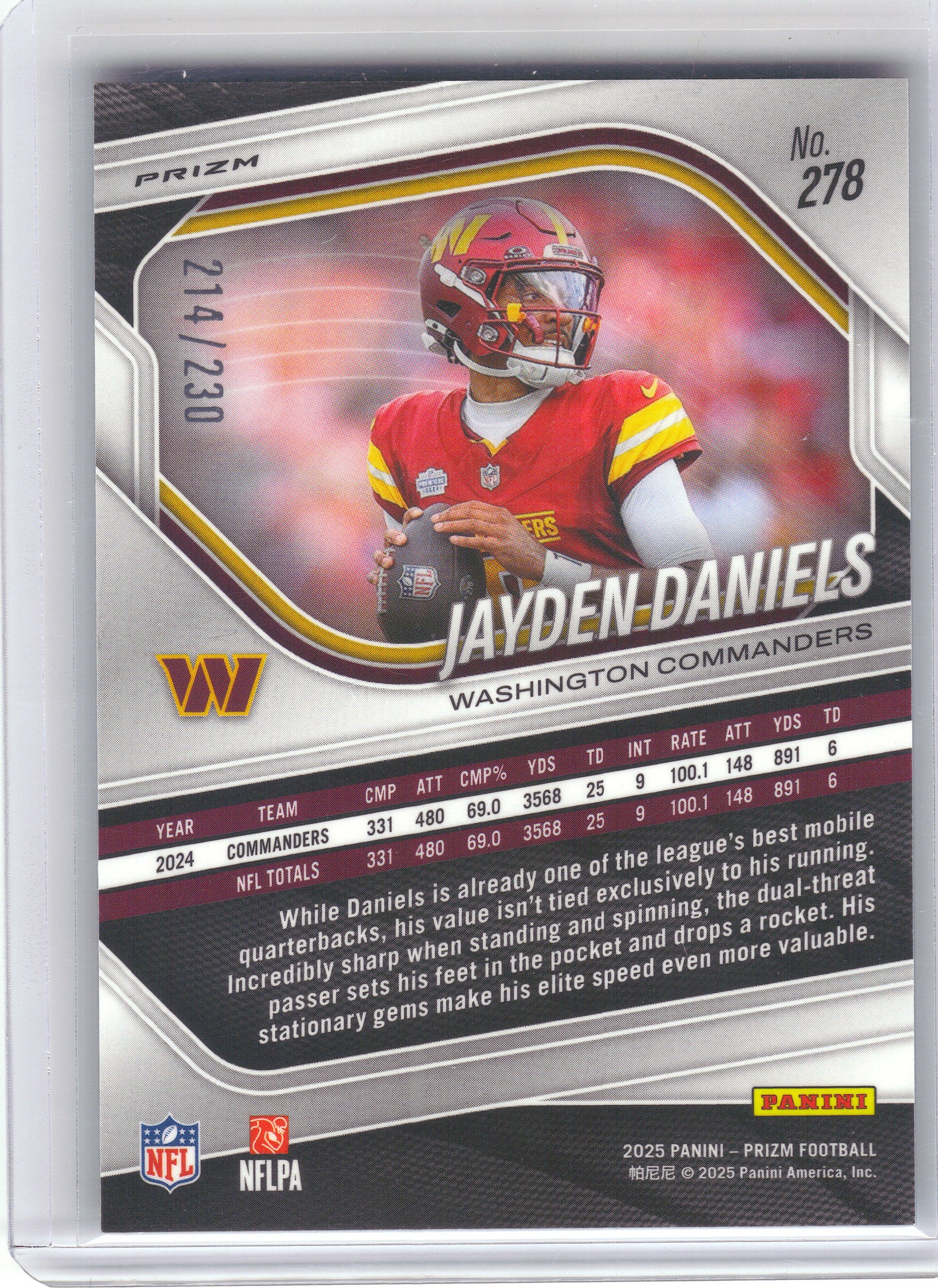 2025 Panini Prizm #278 Jayden Daniels Blue Wave #/230 Washington Commanders SN