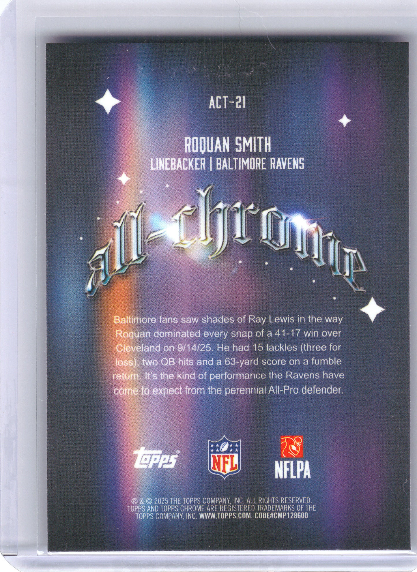 2025 Topps Chrome #ACT-21 Roquan Smith All Chrome Team Baltimore Ravens