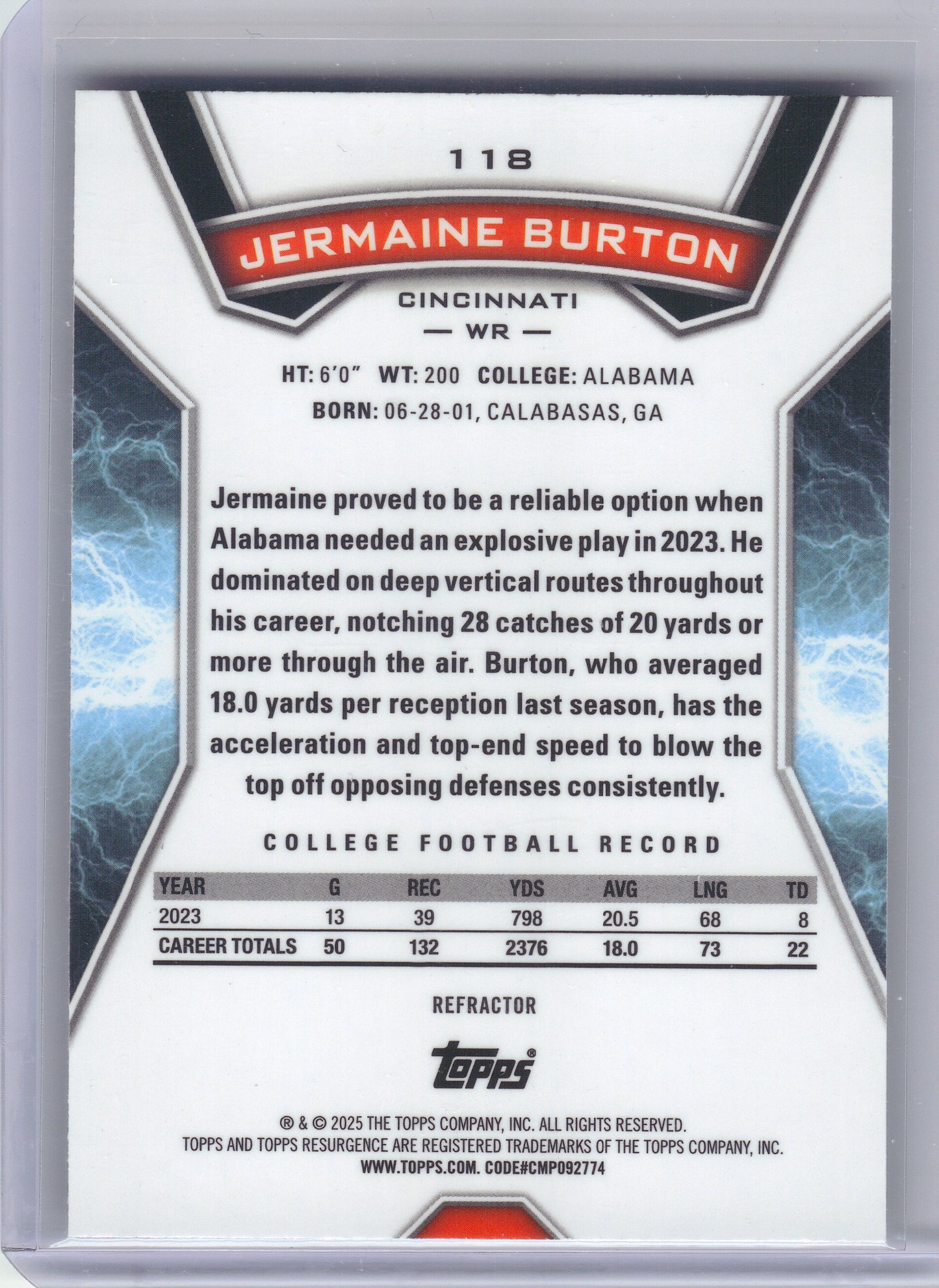 2024 Topps Resurgence #118 Jermaine Burton Refractor Cincinnati Bengals RC