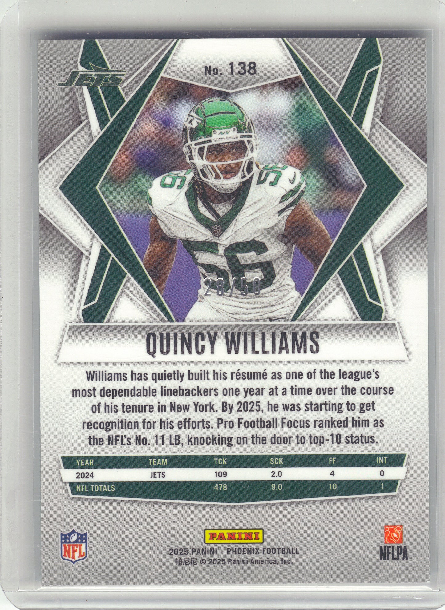 2025 Panini Phoenix #138 Quincy Williams Teal Mojo Prizm #/50 New York Jets SN