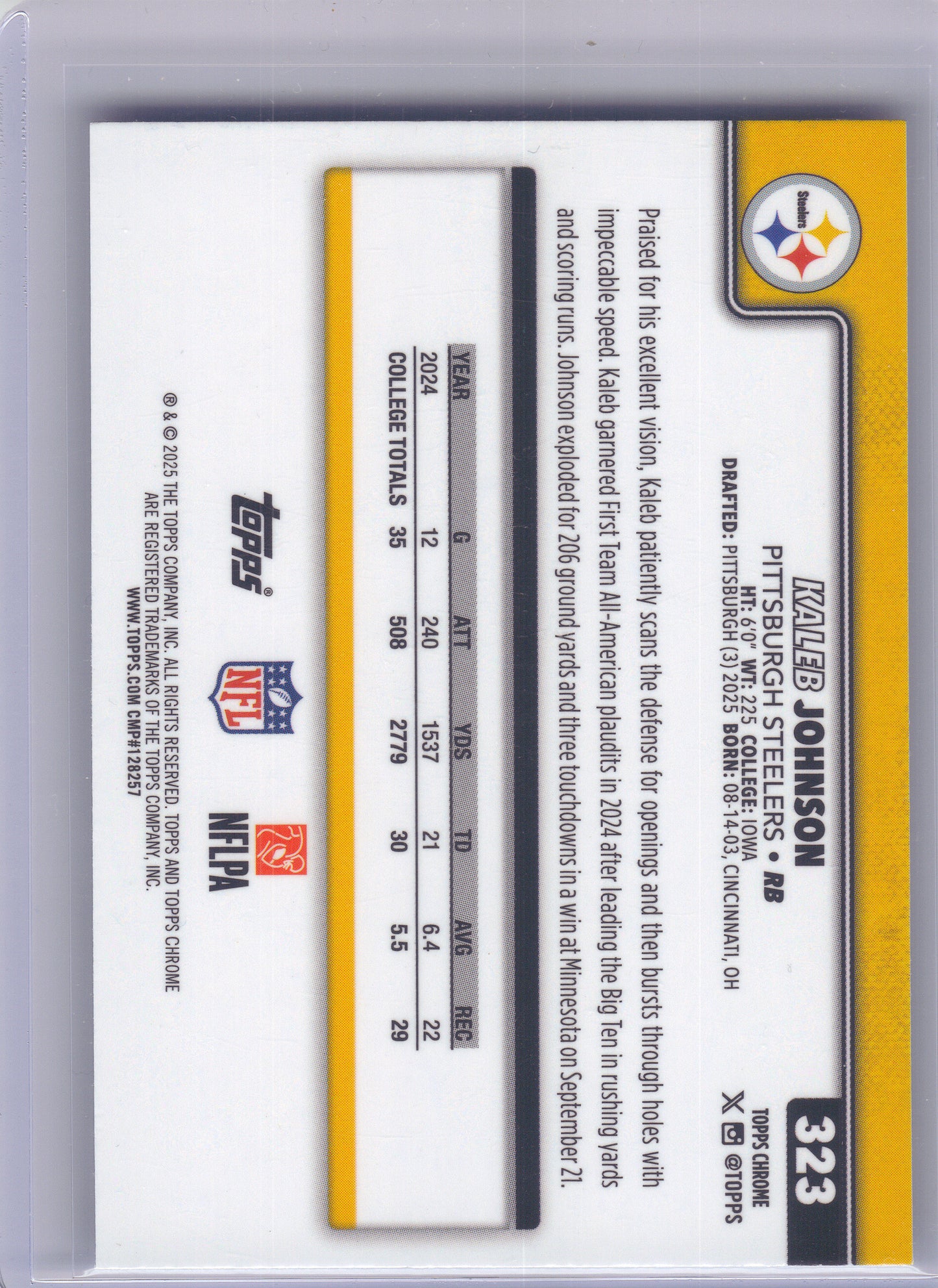 2025 Topps Chrome #323 Kaleb Johnson Blue Geometric Refractor #/150 Pittsburgh Steelers SN,RC