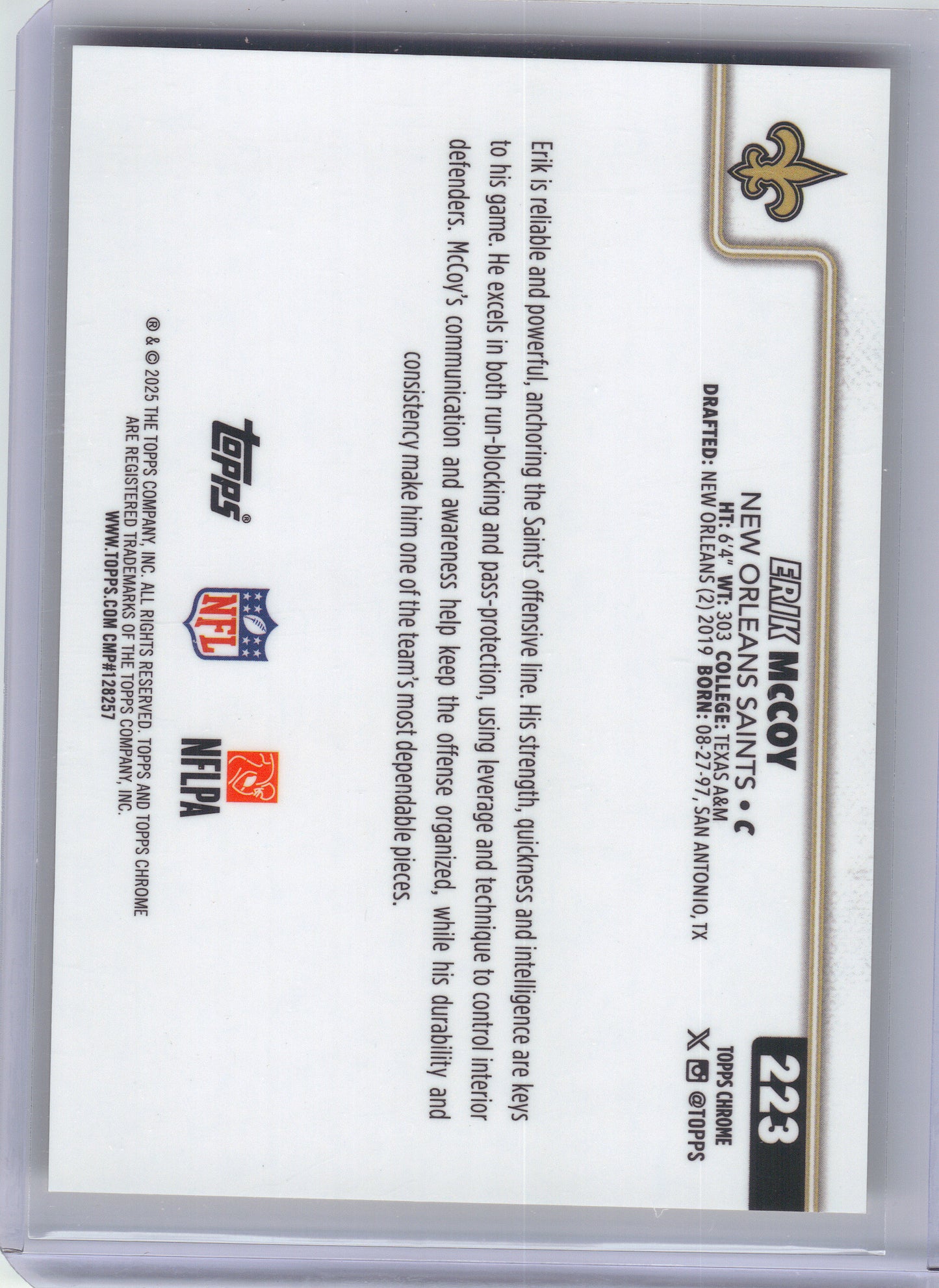2025 Topps Chrome #223 Erik McCoy Yellow Wave Refractor #/275 New Orleans Saints SN
