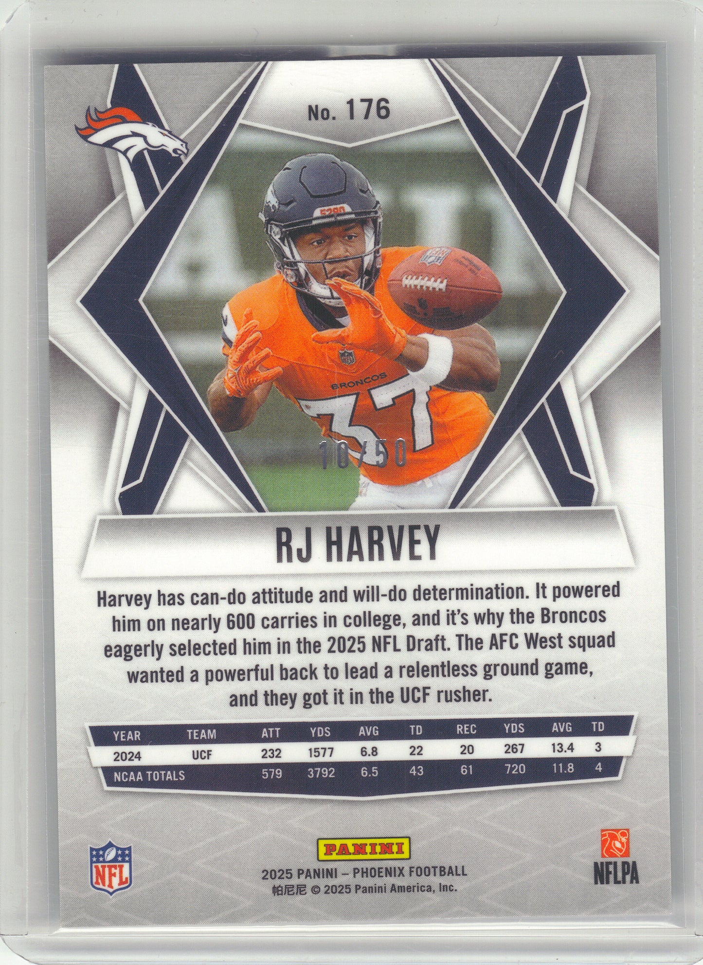 2025 Panini Phoenix #176 RJ Harvey Teal Mojo Prizm #/50 Denver Broncos SN,RC
