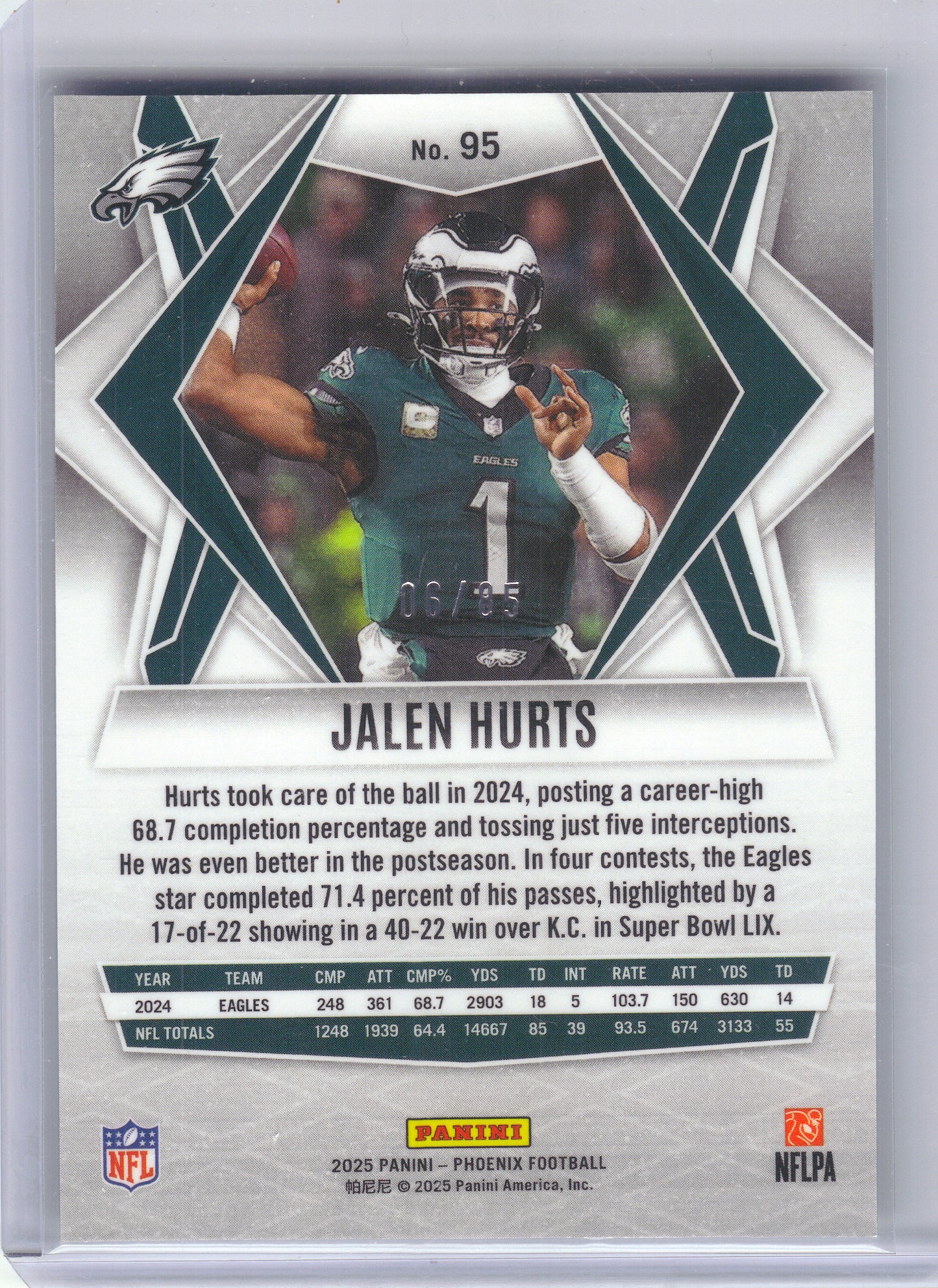 2025 Panini Phoenix #95 Jalen Hurts Light Blue Mojo Prizm #/85 Philadelphia Eagles SN