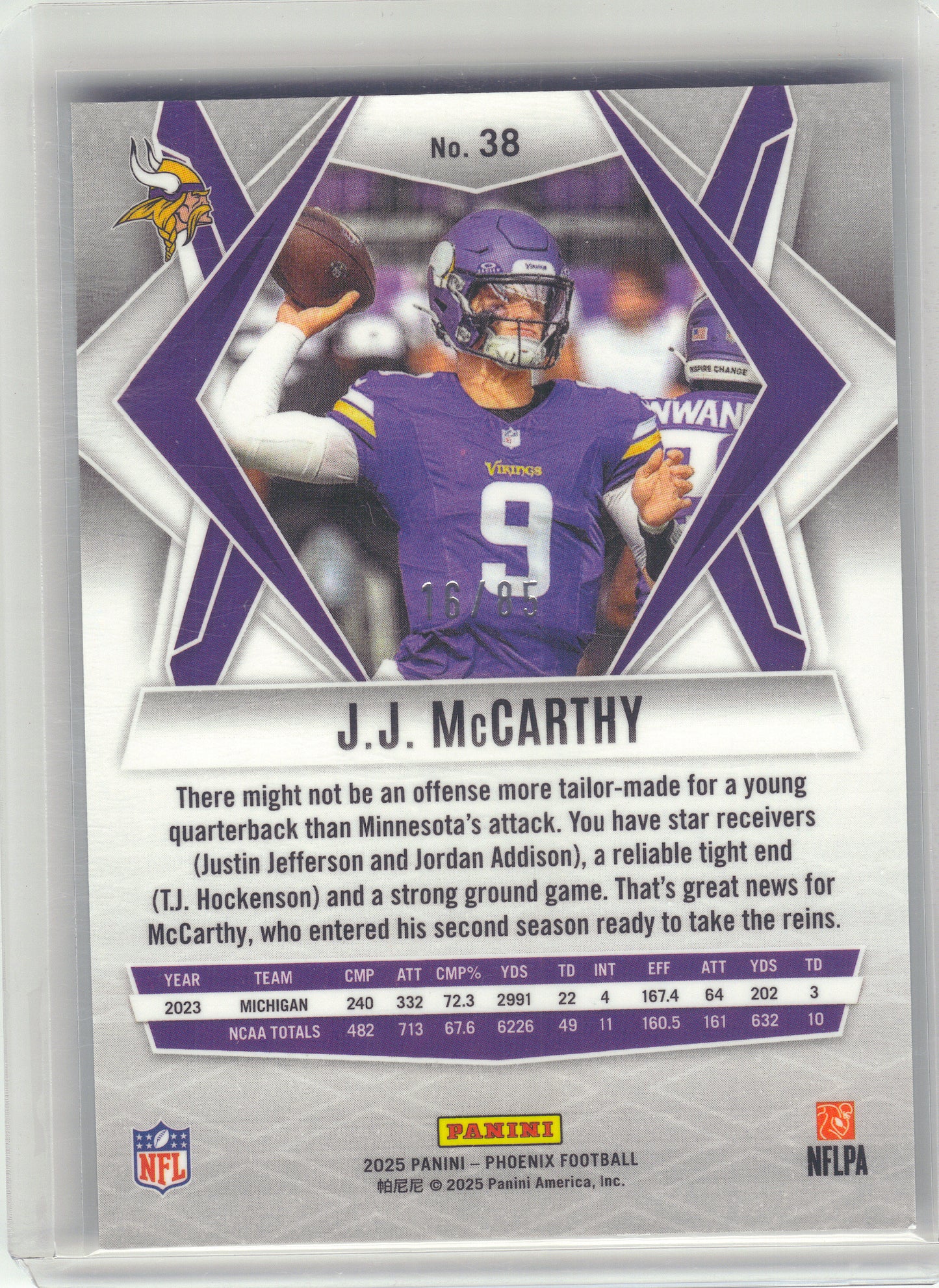 2025 Panini Phoenix #38 J.J. McCarthy Light Blue Mojo Prizm #/85 Minnesota Vikings SN