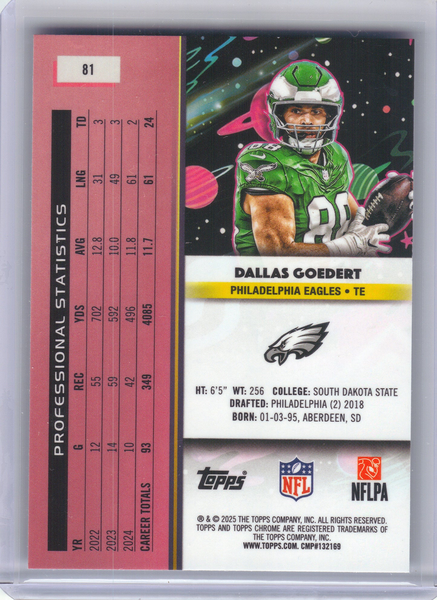 2025 Topps Chrome Cosmic #81 Dallas Goedert Blue Moon Refractor #/99 Philadelphia Eagles SN
