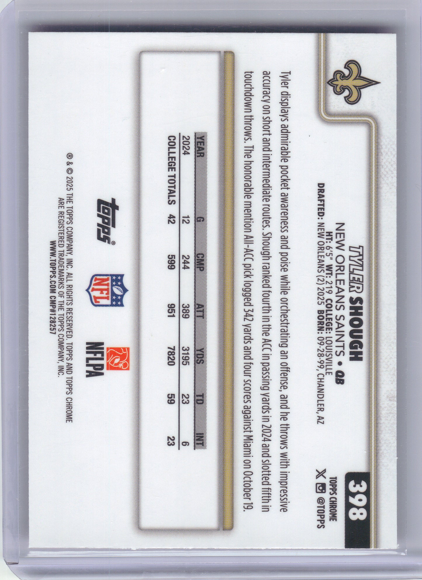 2025 Topps Chrome #398 Tyler Shough Pink Refractor #/250 New Orleans Saints SN,RC