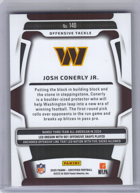 2025 Panini Certified #140 Josh Conerly Jr. Mirror Orange #/150 Washington Commanders SN,RC