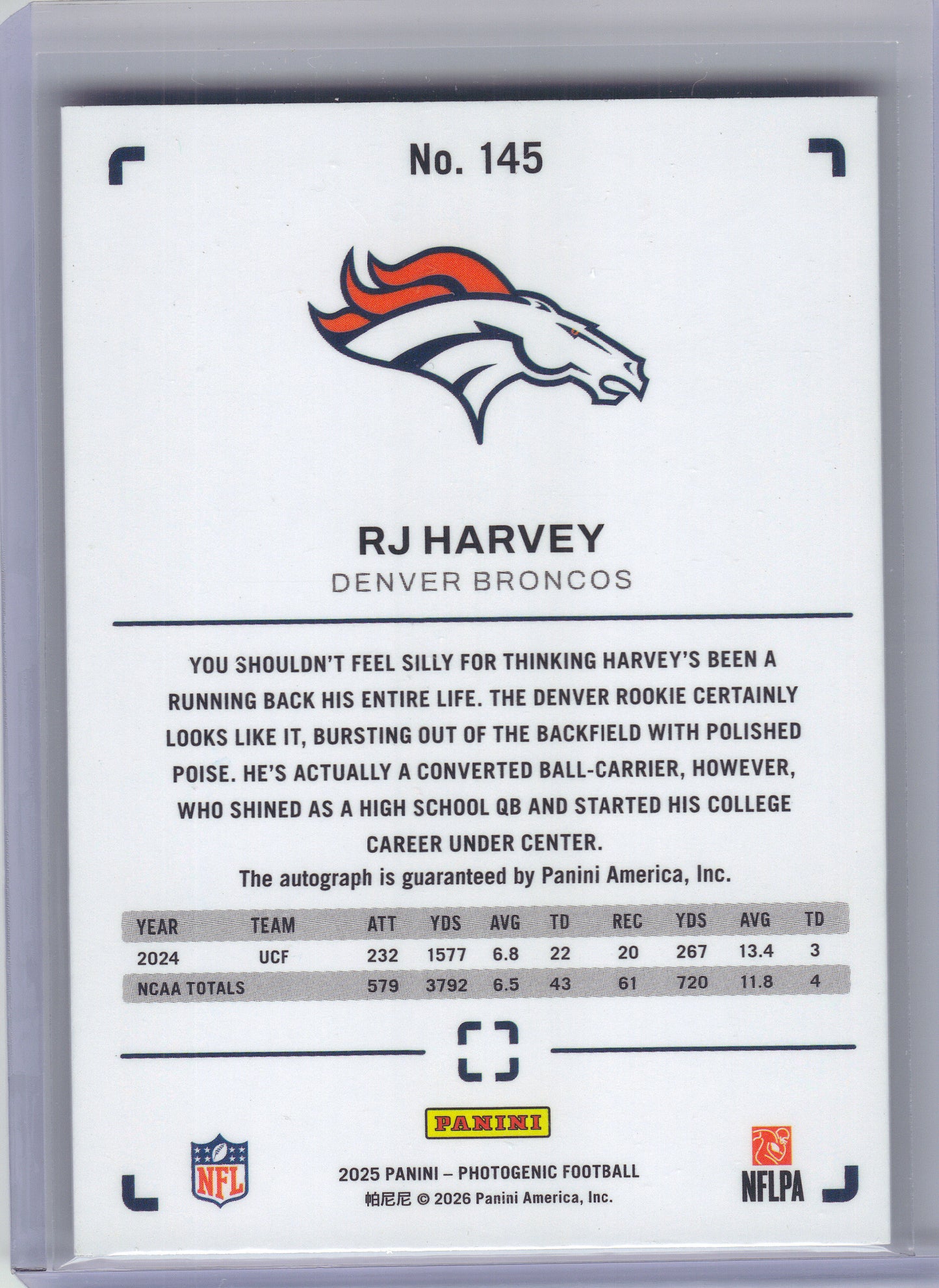 2025 Panini Photogenic #145 RJ Harvey Autographs Silver #/15 Denver Broncos SN,RC,AU