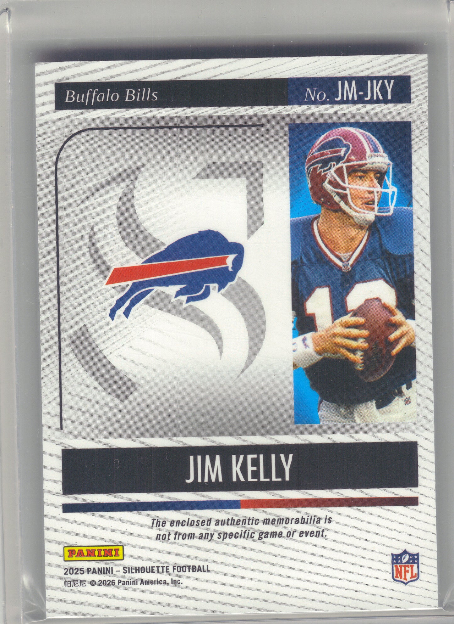 2025 Panini Silhouette #JM-JKY Jim Kelly Jumbo Memorabilia #/99 Buffalo Bills SN,MEM