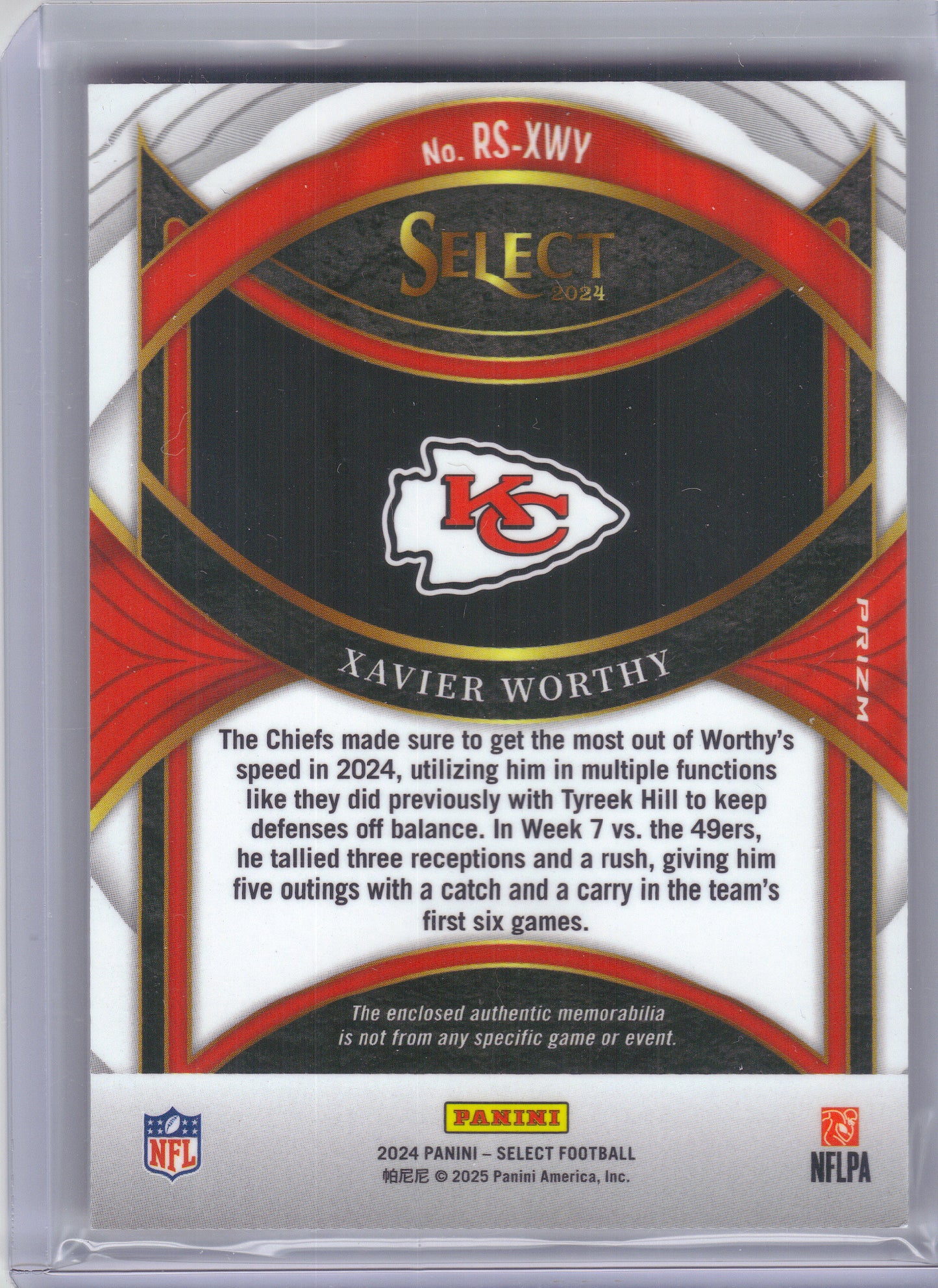 2024 Panini Select #RS-XWY Xavier Worthy Rookie Swatches Red Prizm Color Match Kansas City Chiefs MEM