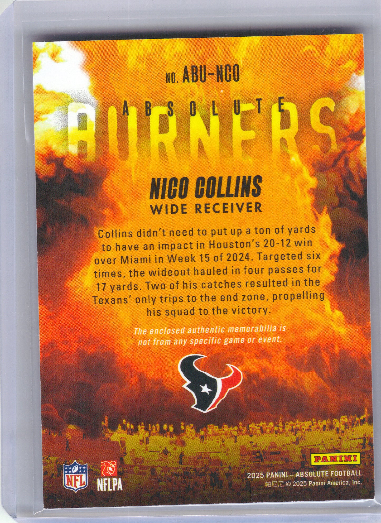 2025 Panini Absolute #ABU-NCO Nico Collins Absolute Burners Houston Texans MEM