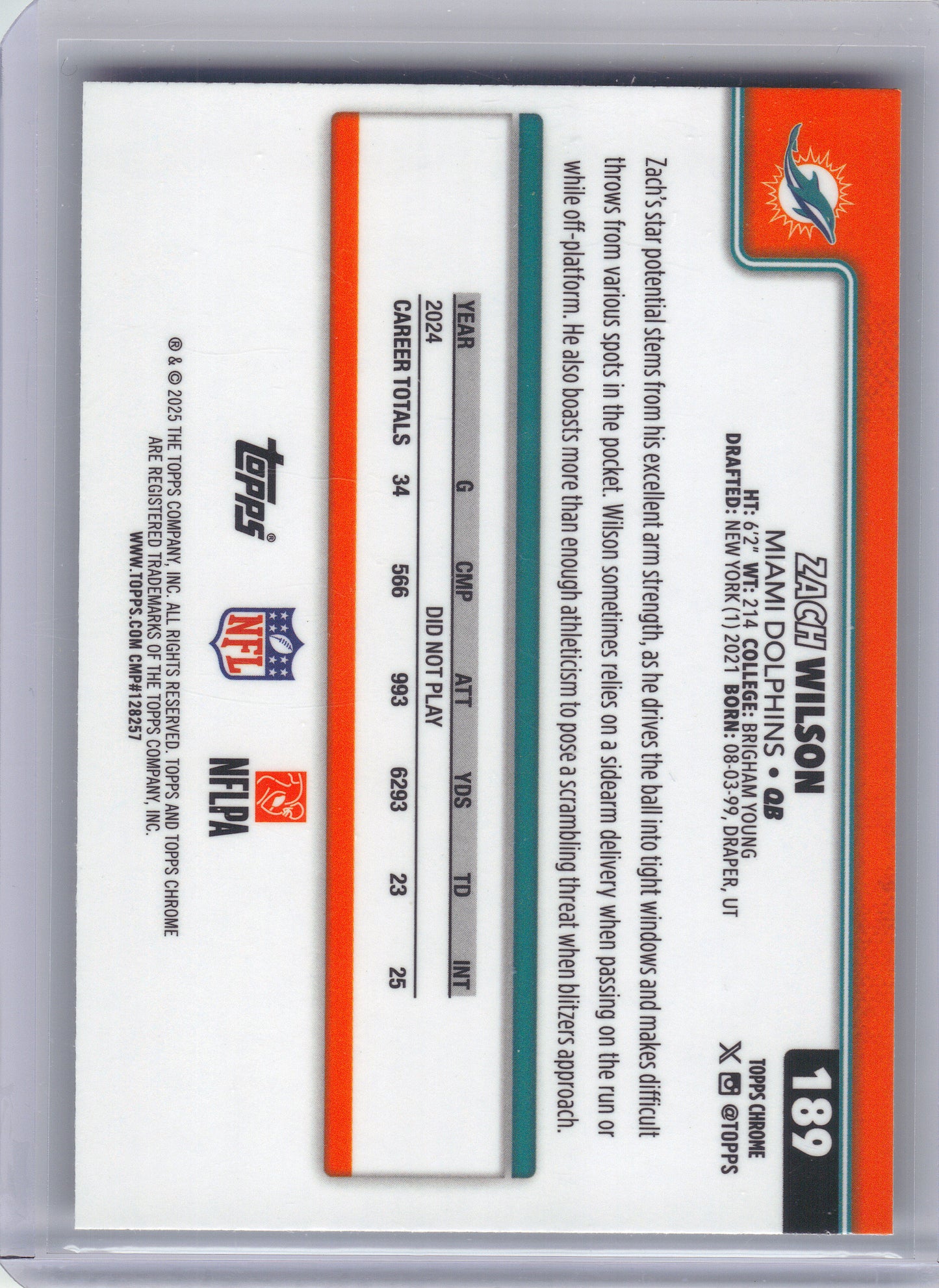 2025 Topps Chrome #189 Zach Wilson Neon Pulse Refractor Miami Dolphins