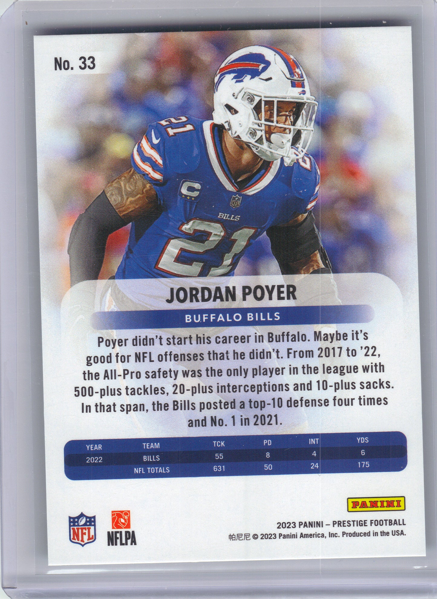2023 Panini Prestige #33 Jordan Poyer Xtra Points Premium Green #/199 Buffalo Bills SN