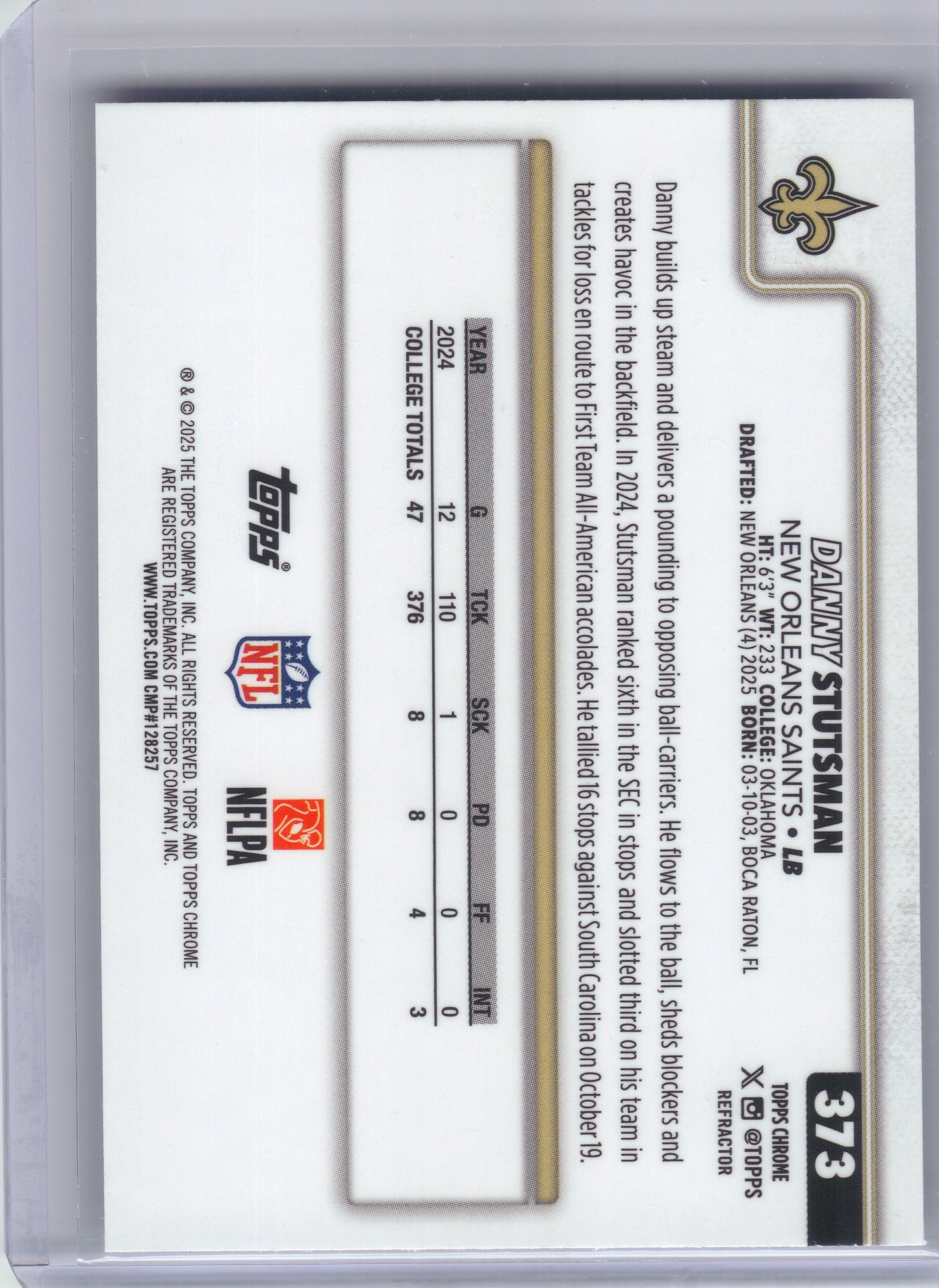 2025 Topps Chrome #373 Danny Stutsman Refractor New Orleans Saints RC