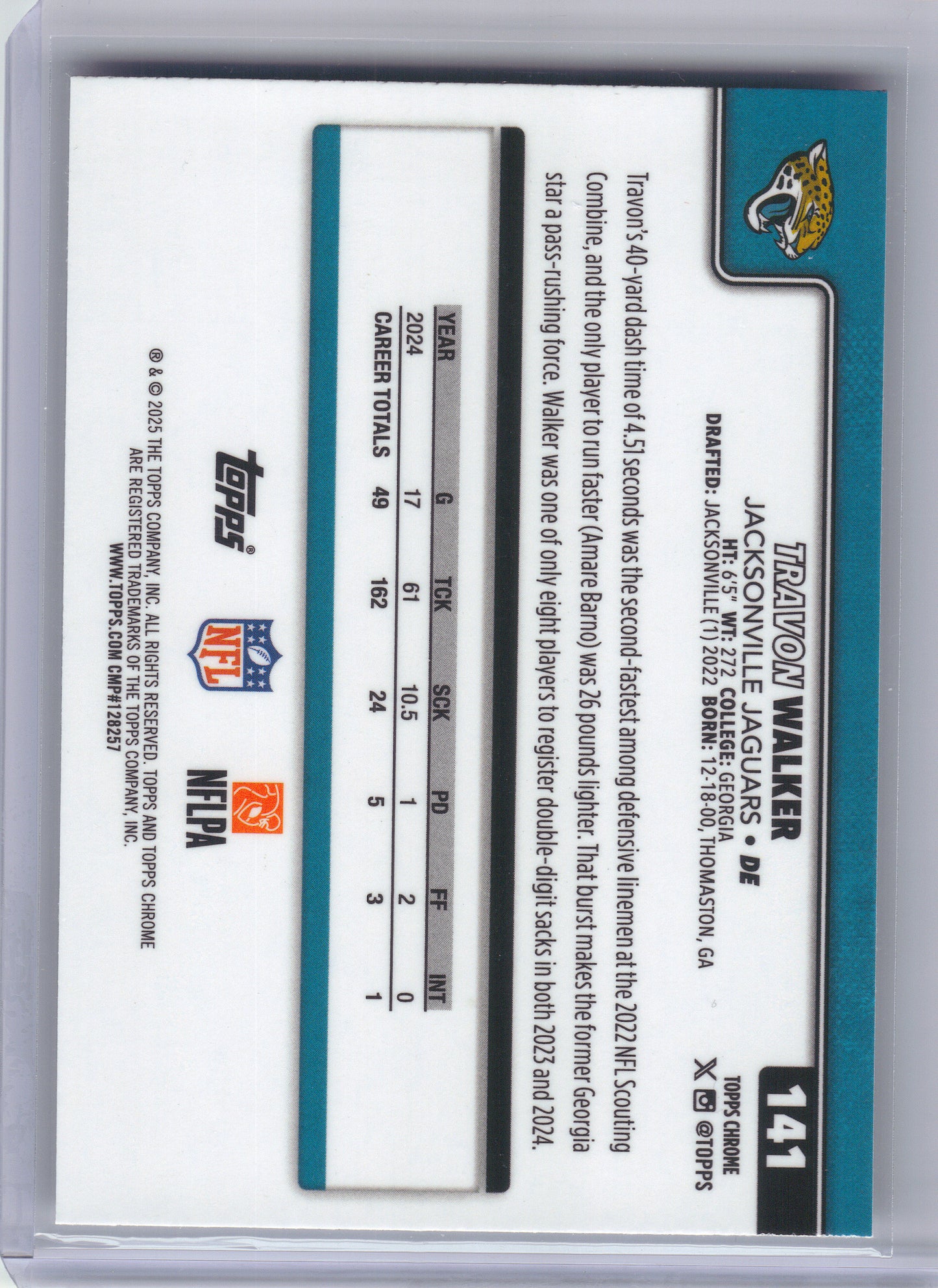 2025 Topps Chrome #141 Travon Walker Ray Wave Refractor Jacksonville Jaguars