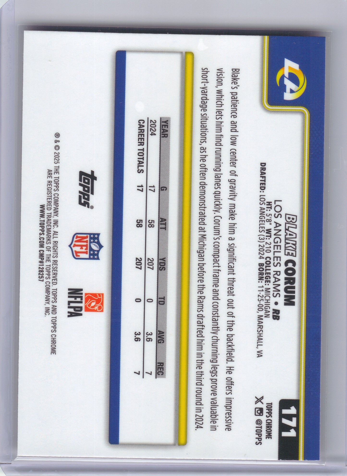 2025 Topps Chrome #171 Blake Corum Hot Pink X-Fractor Los Angeles Rams