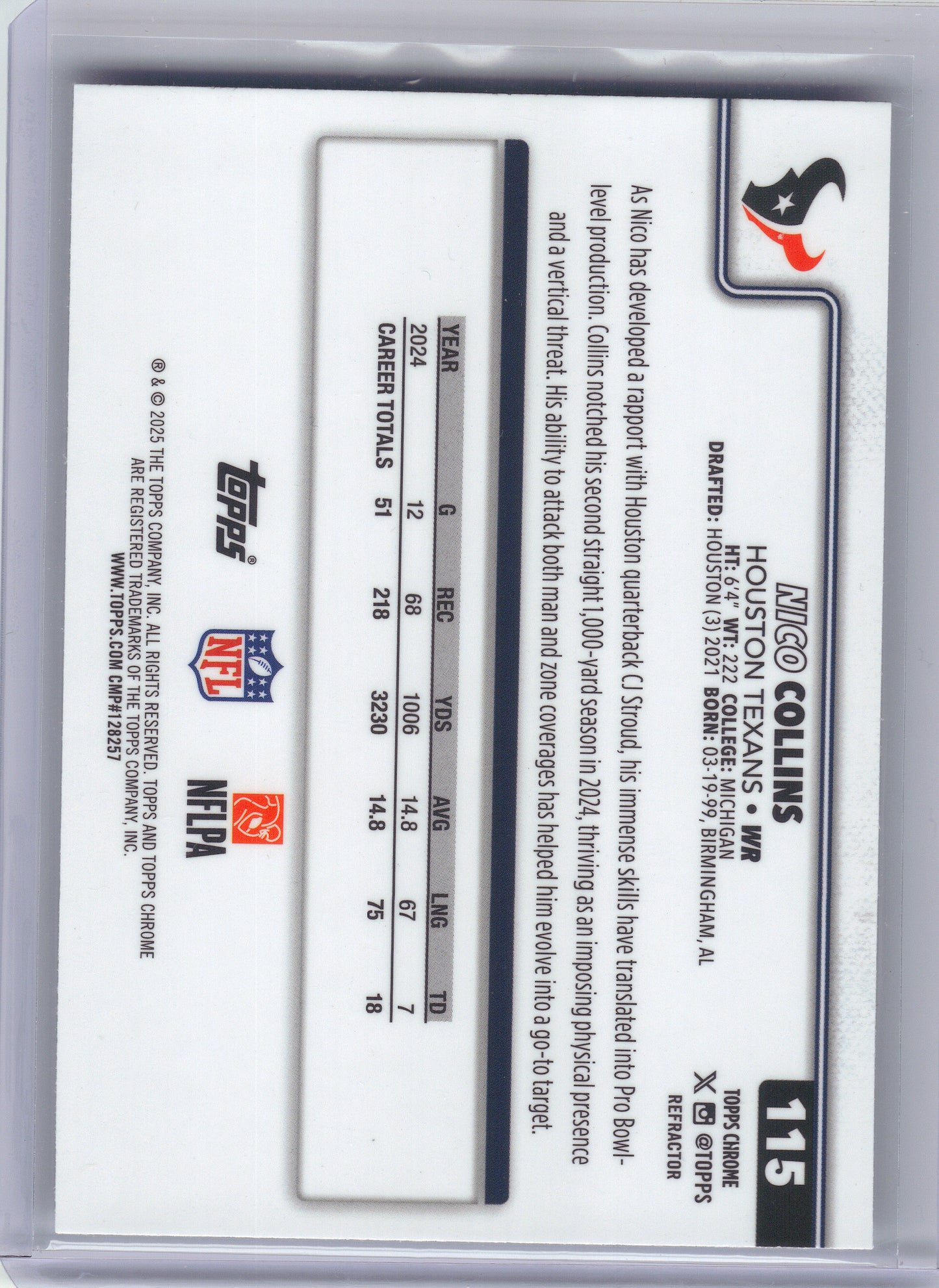 2025 Topps Chrome #115 Nico Collins Refractor Houston Texans
