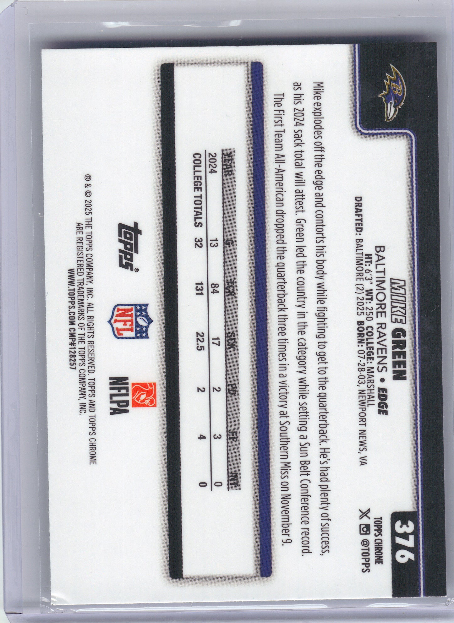 2025 Topps Chrome #376 Mike Green Ray Wave Refractor Baltimore Ravens RC