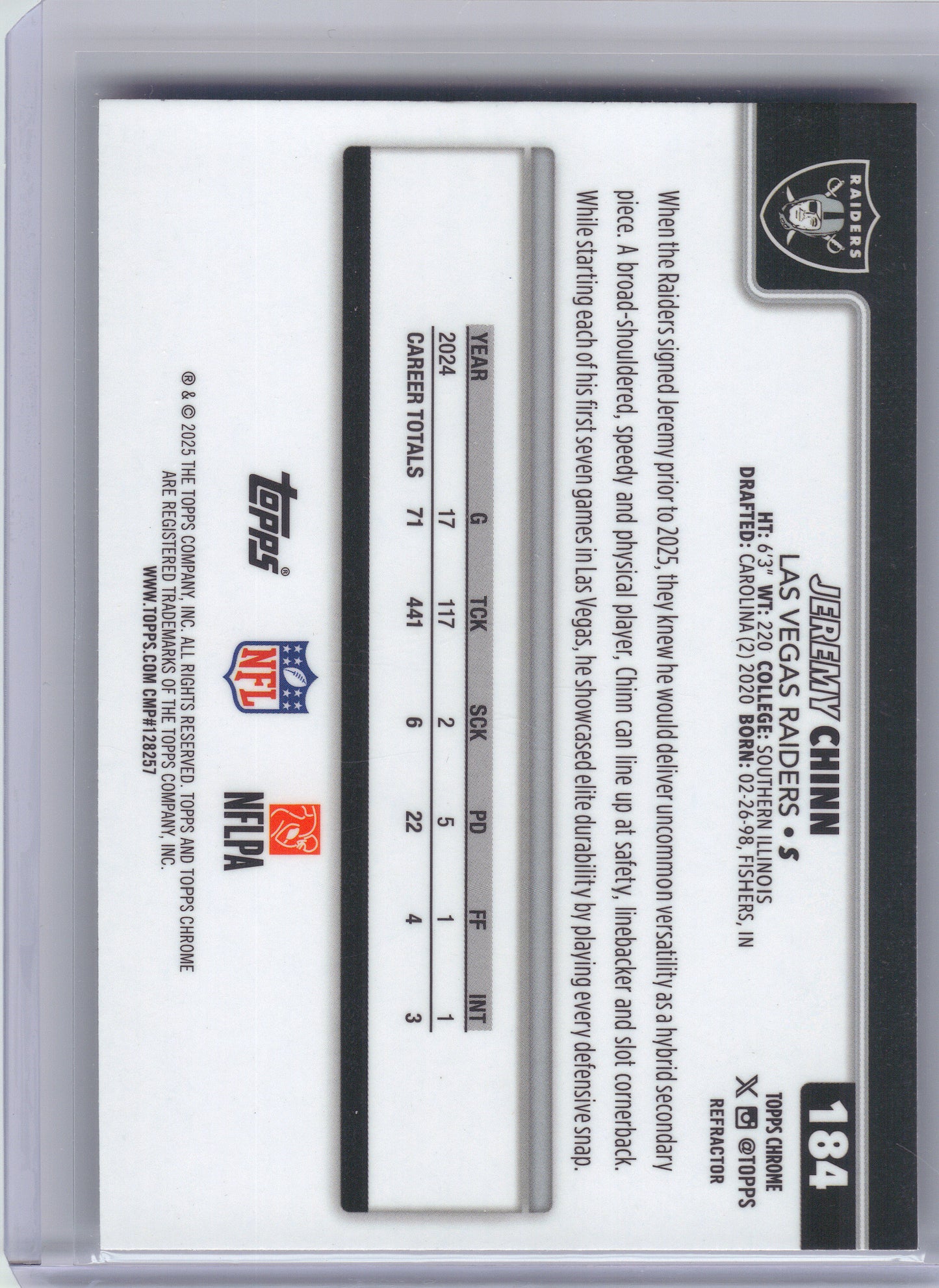 2025 Topps Chrome #184 Jeremy Chinn Refractor Las Vegas Raiders