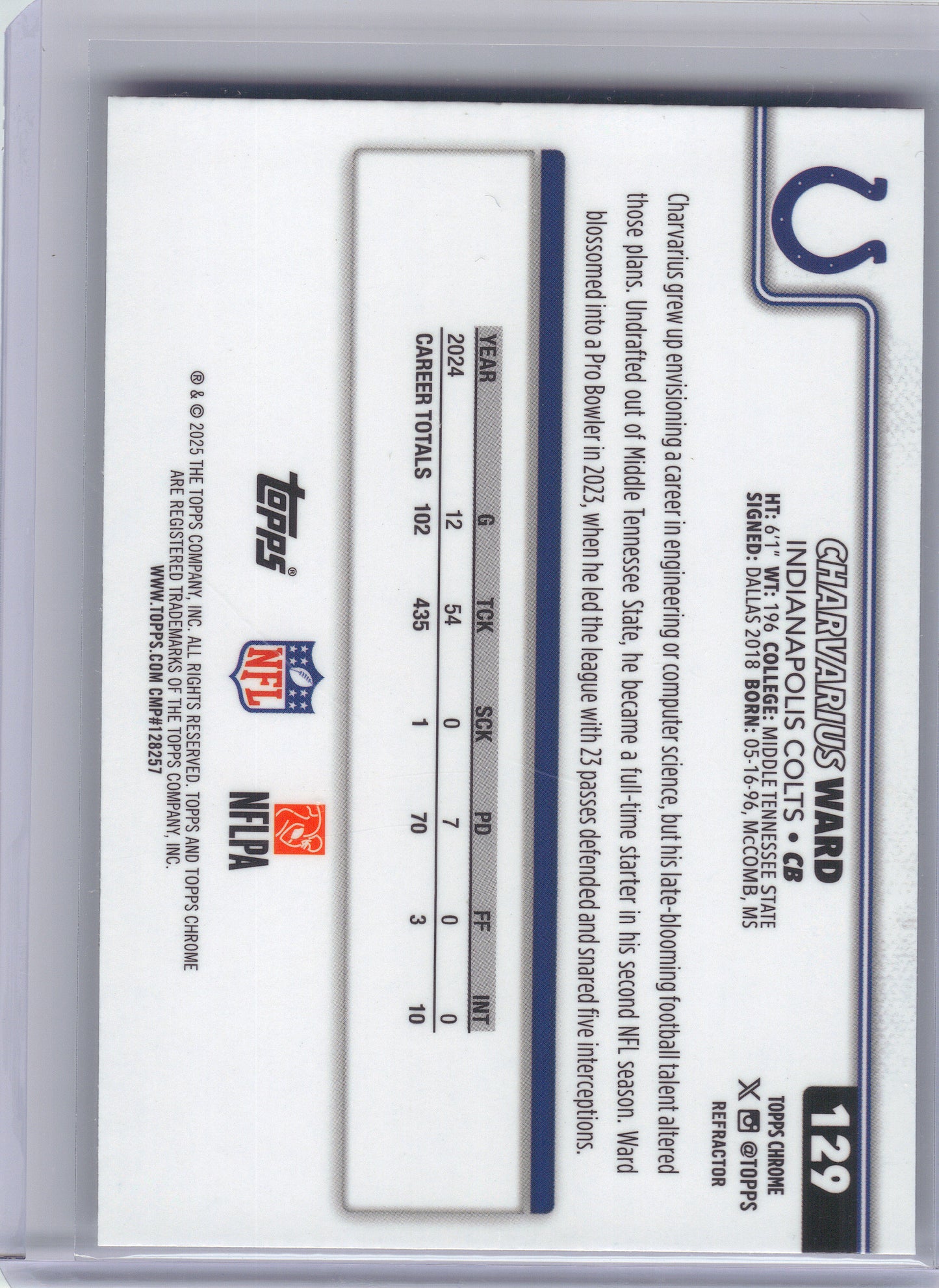 2025 Topps Chrome #129 Charvarius Ward Indianapolis Colts