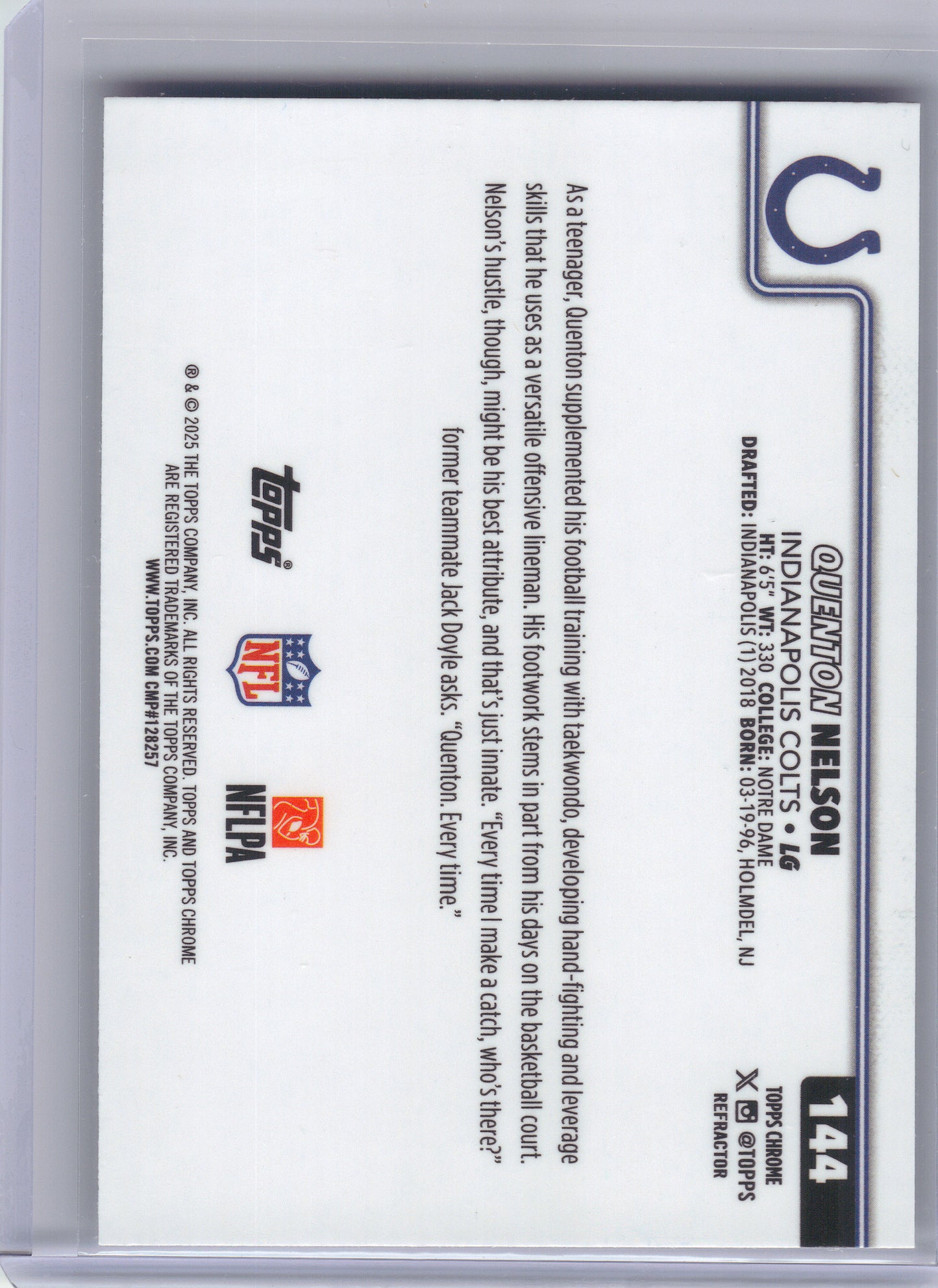 2025 Topps Chrome #144 Quenton Nelson Refractor Indianapolis Colts