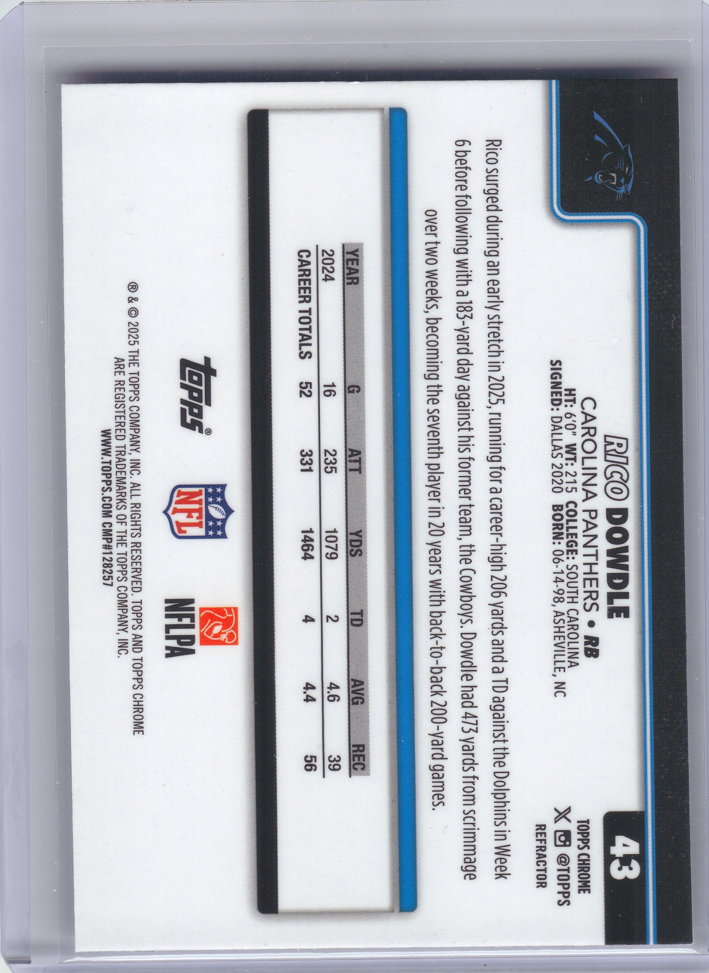 2025 Topps Chrome #43 Rico Dowdle Refractor Carolina Panthers